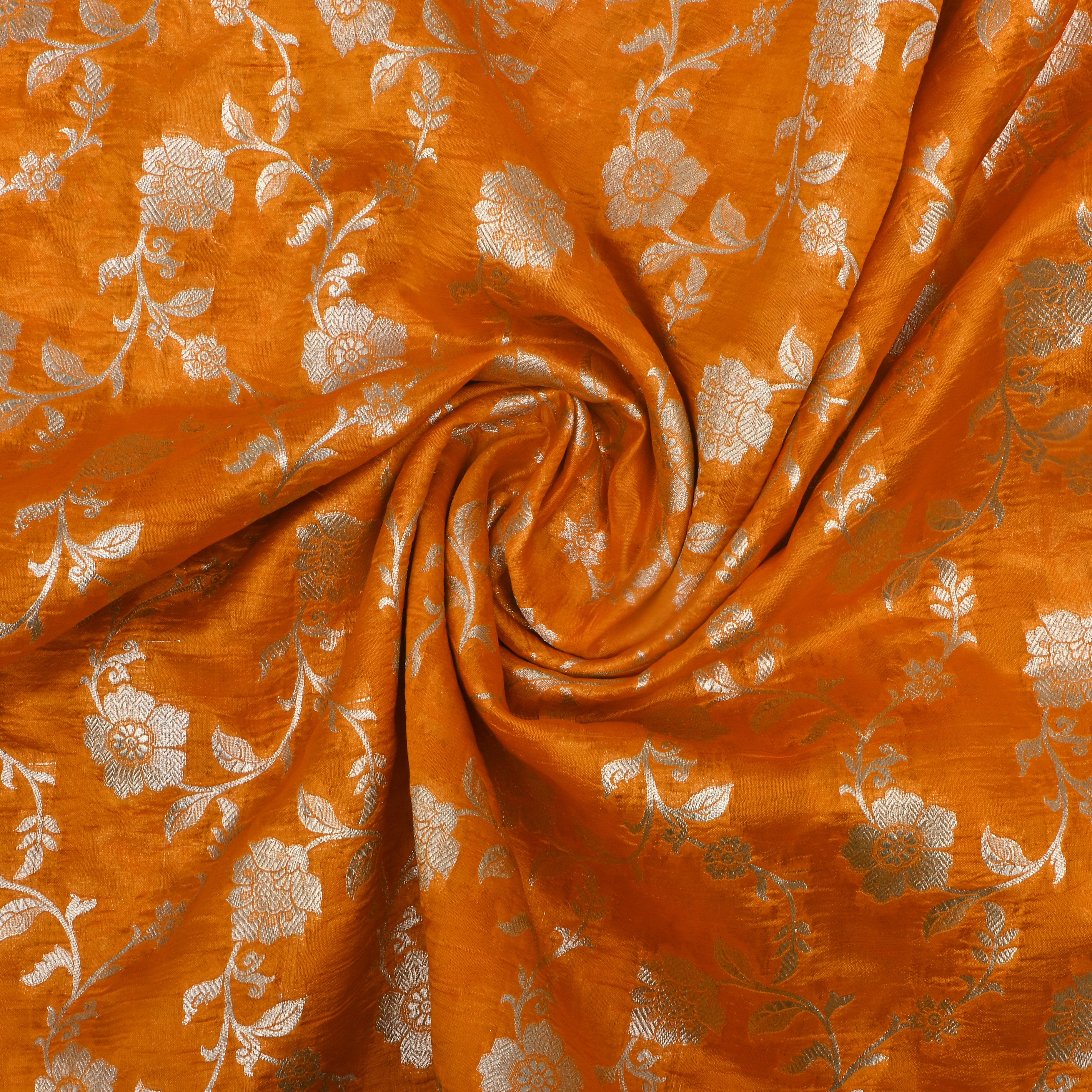 Tahiti Gold Orange Jamawar Silk Fabric With Floral Jaal