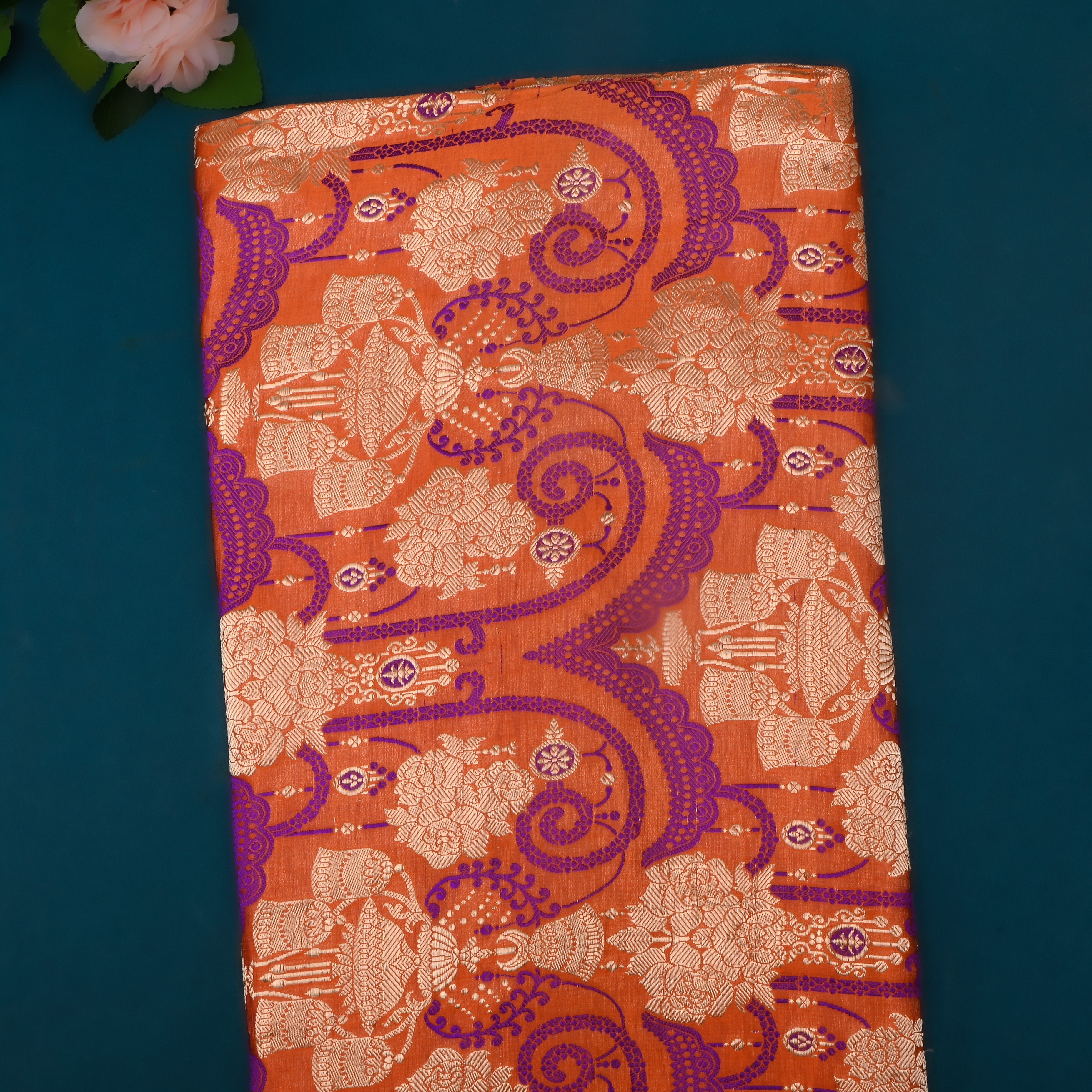 Orange Jamawar Satin Fabric With Jaal Design