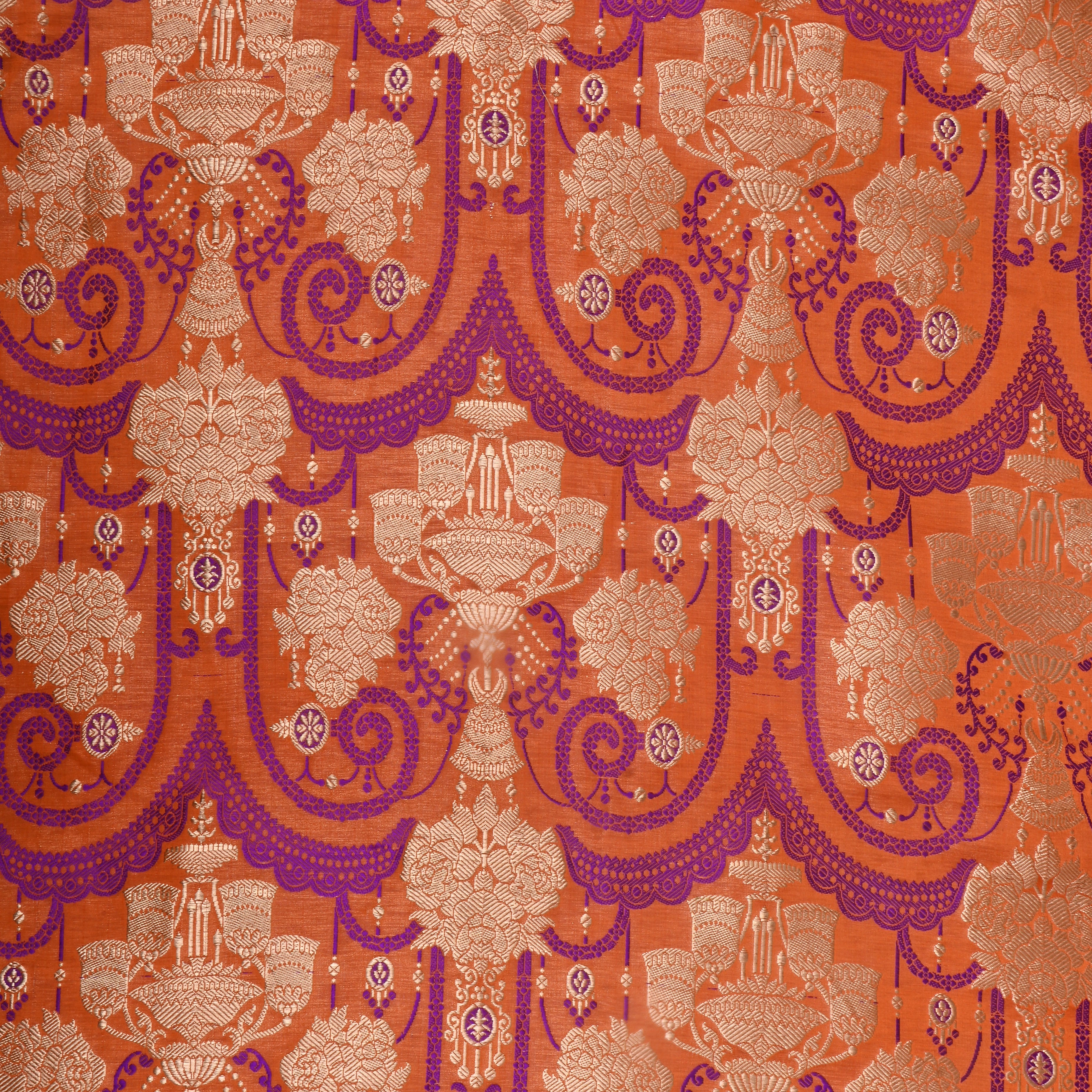 Orange Jamawar Satin Fabric With Jaal Design