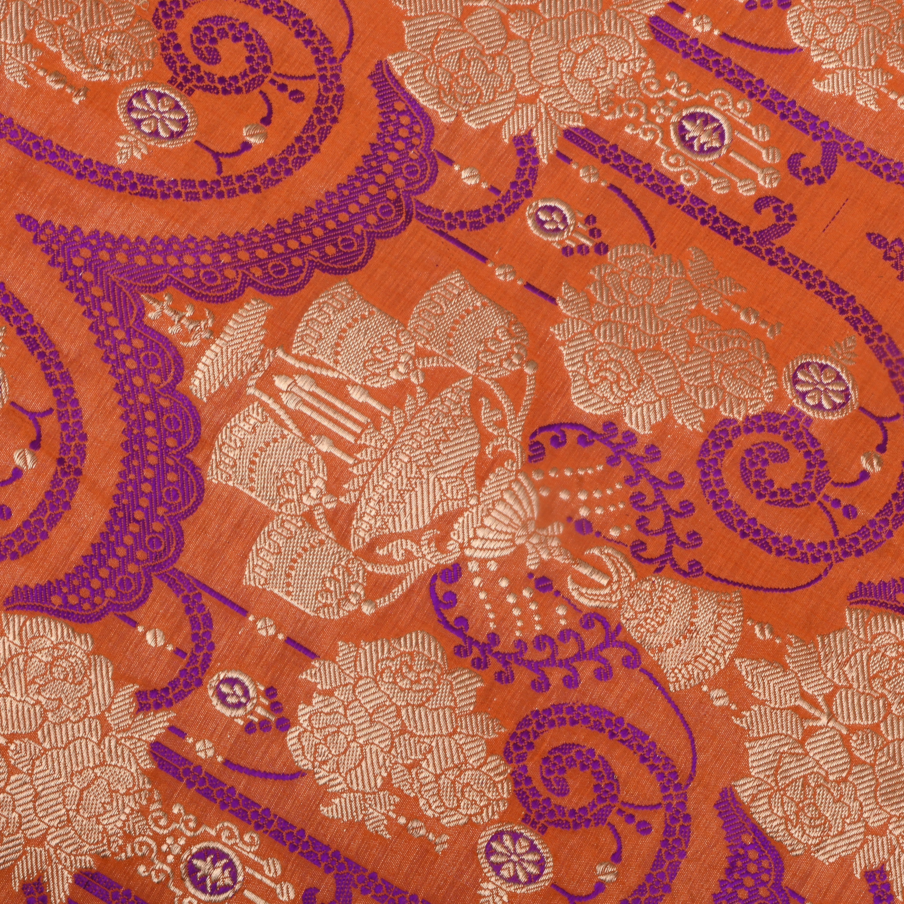 Orange Jamawar Satin Fabric With Jaal Design