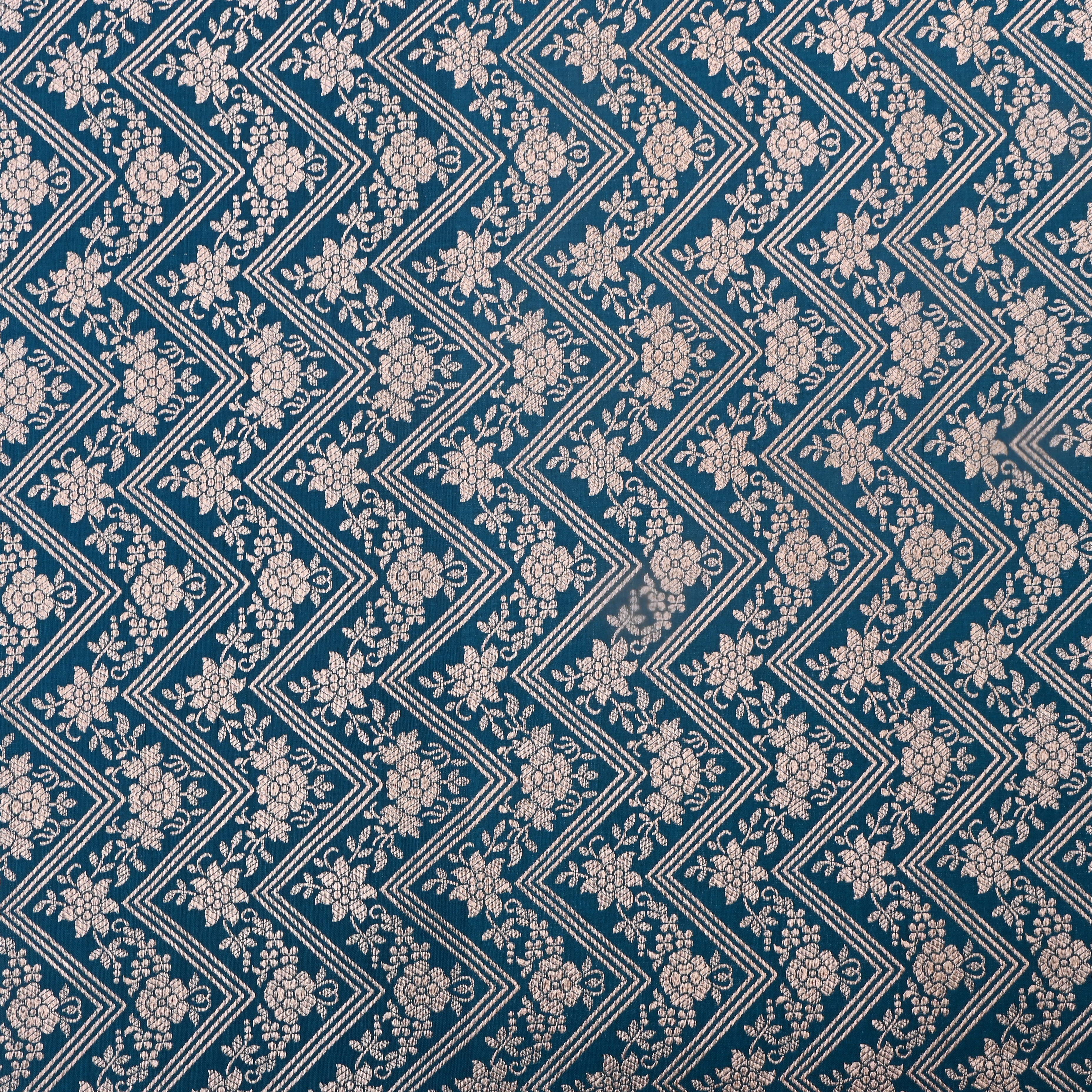 Nile Blue Jamawar Silk Fabric With Floral Design