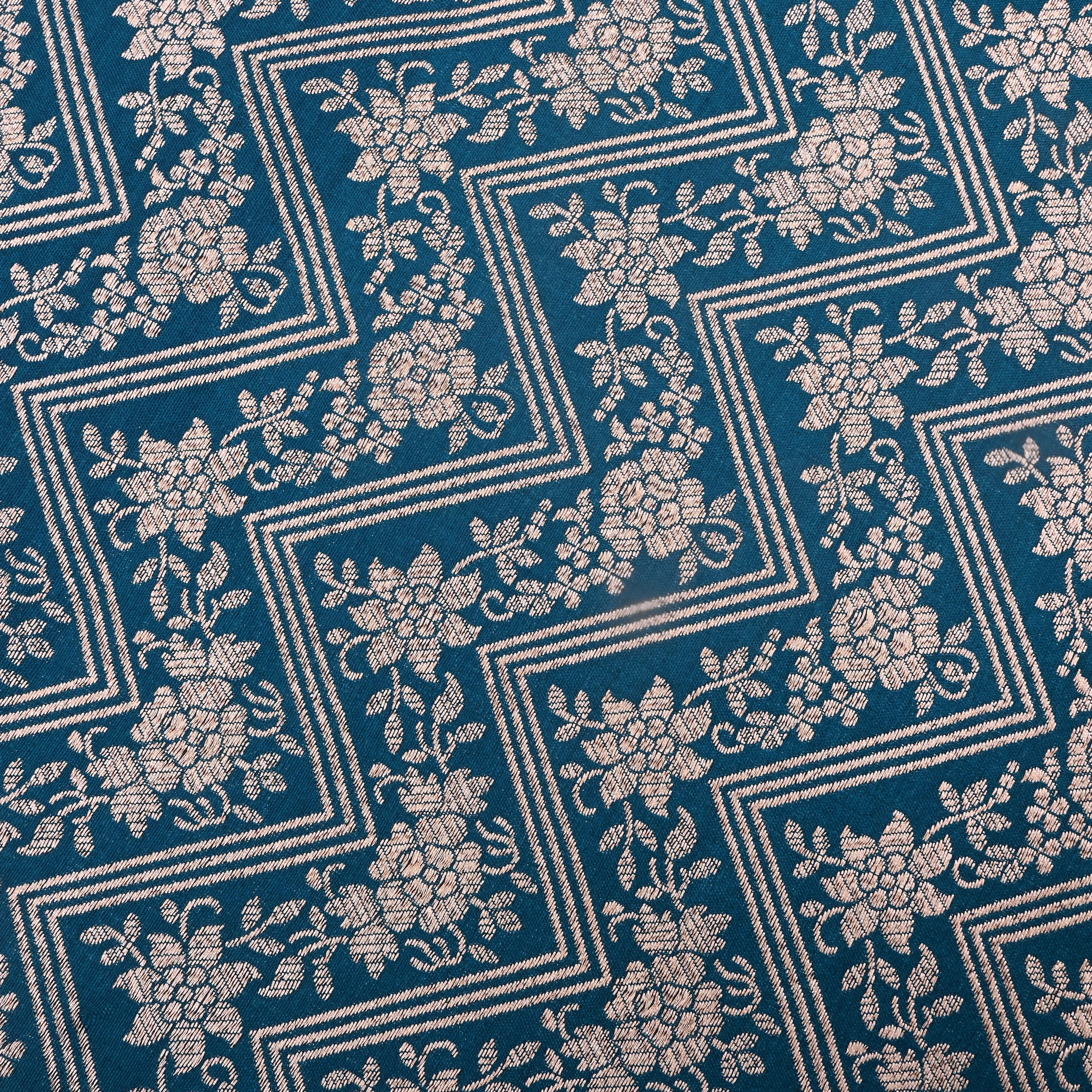 Nile Blue Jamawar Silk Fabric With Floral Design