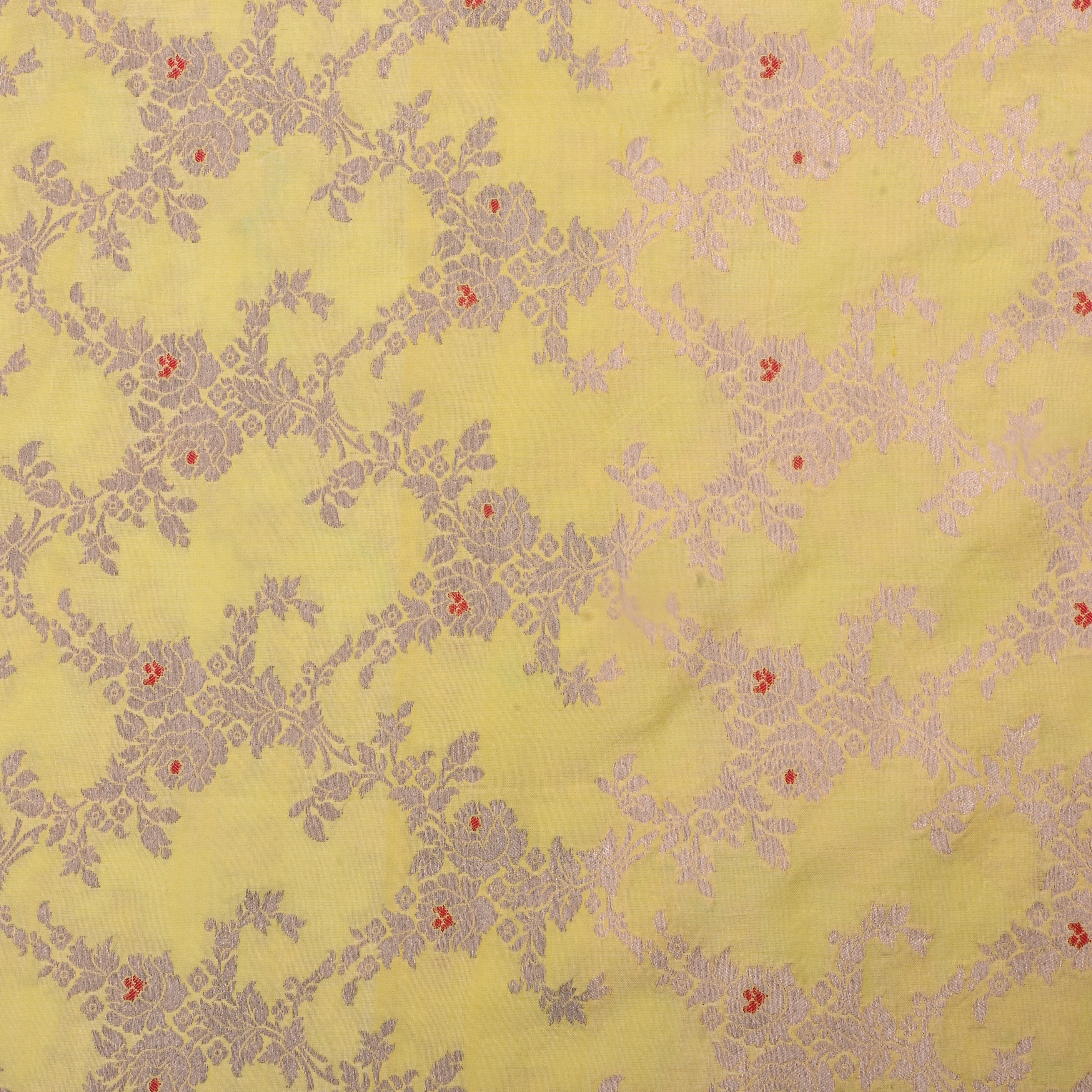 Sand Yellow Jamawar Silk Fabric With Floral Jaal