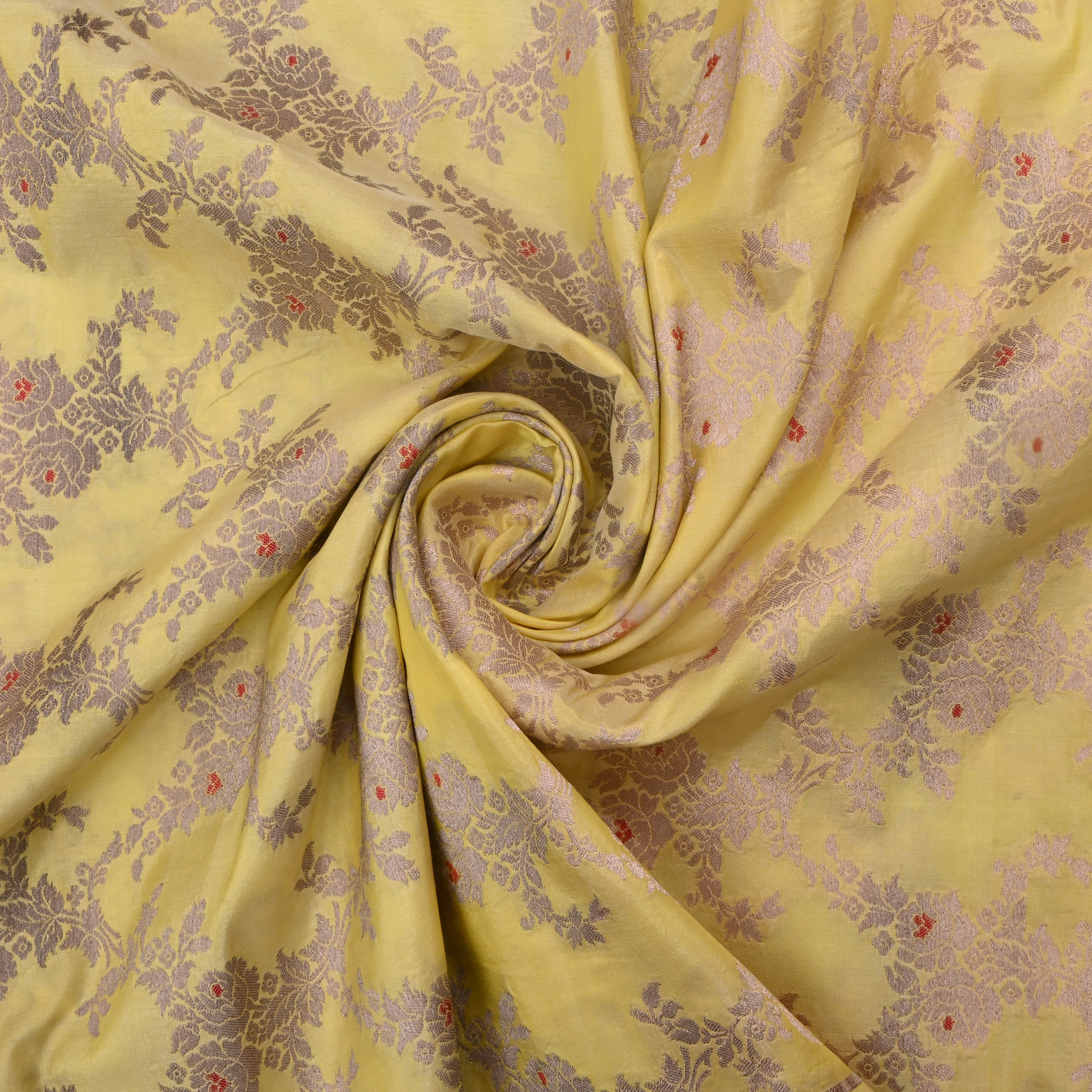 Sand Yellow Jamawar Silk Fabric With Floral Jaal