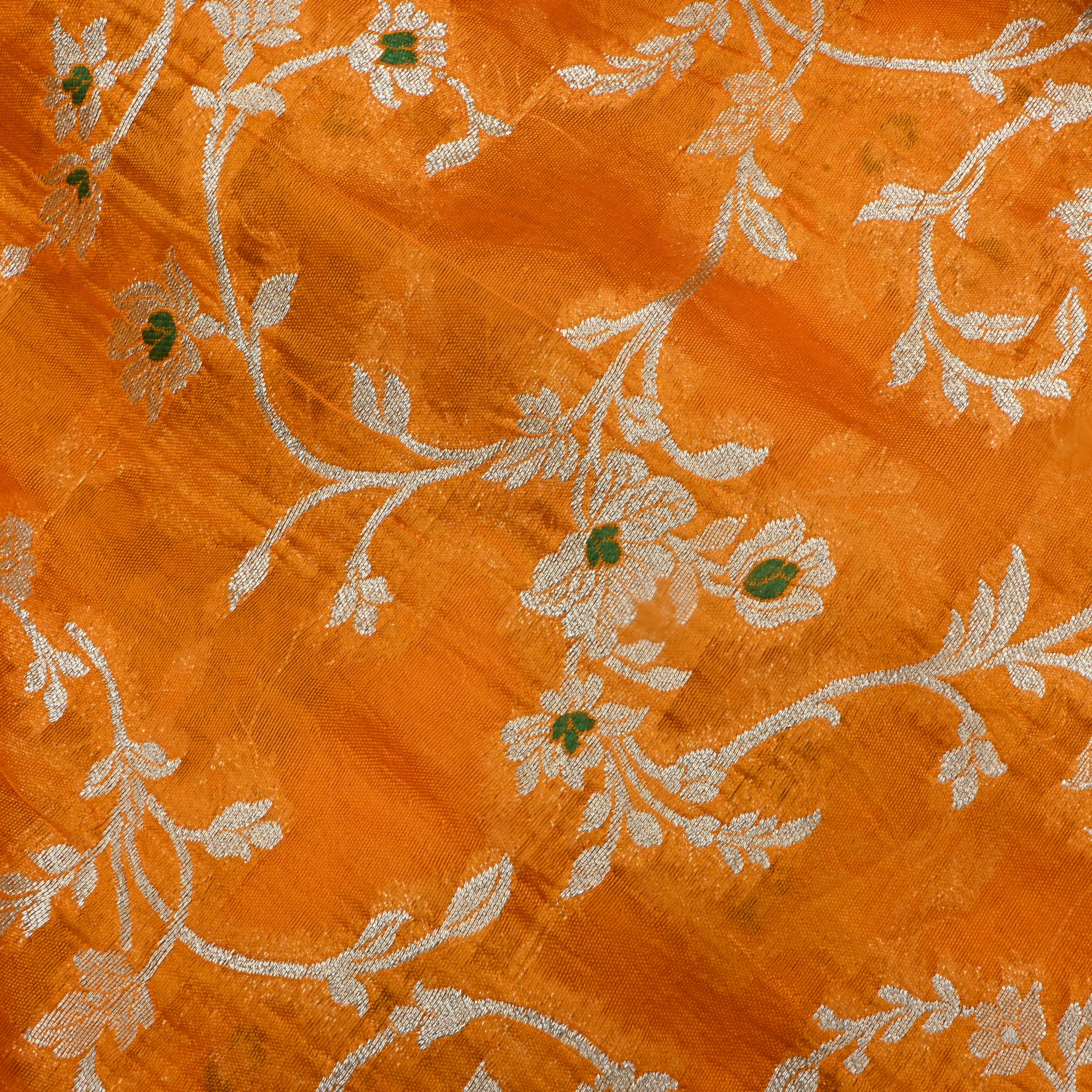 Pumpkin Orange Jamawar Silk Fabric With Floral Design