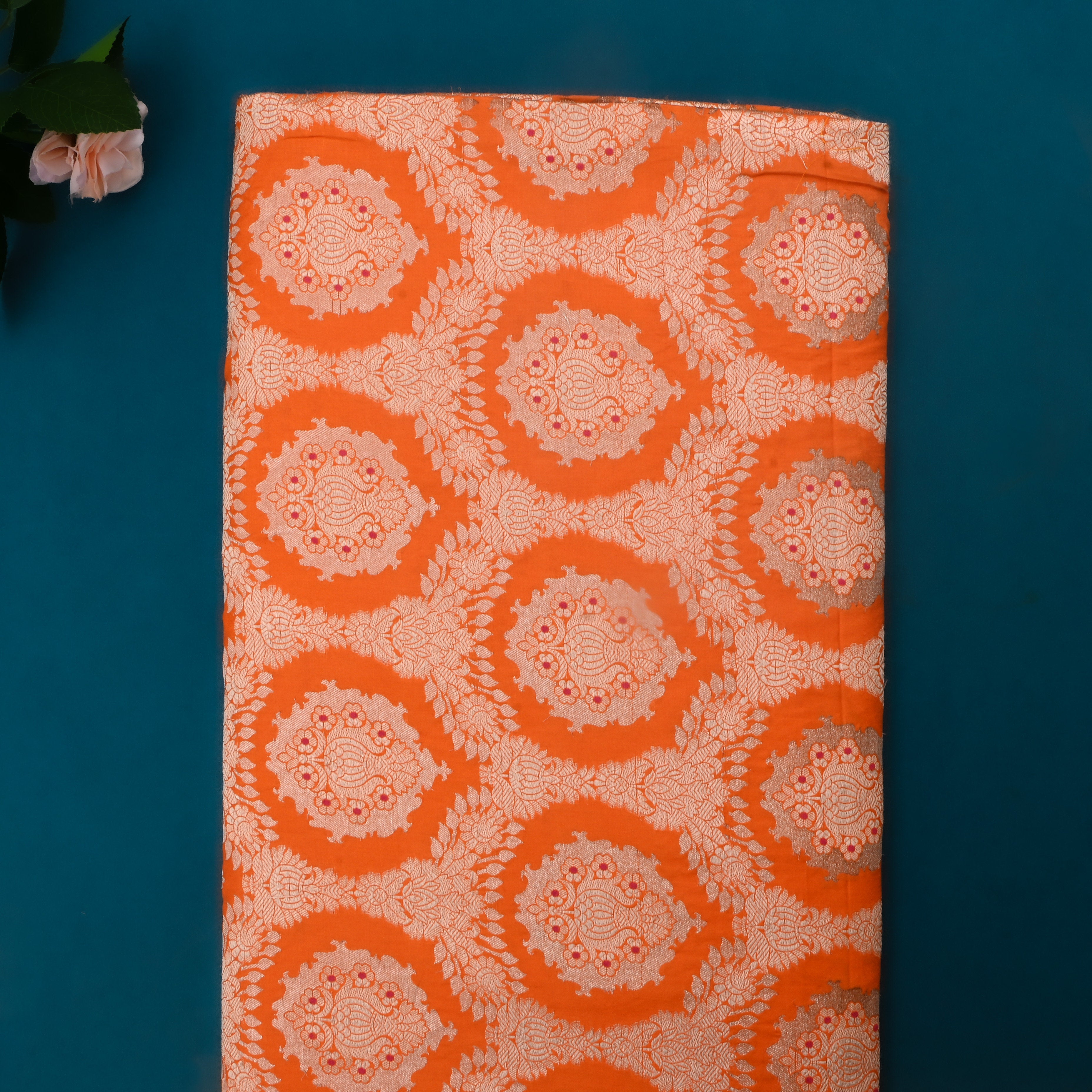 Orange Jamawar Silk Fabric With Geometric Design