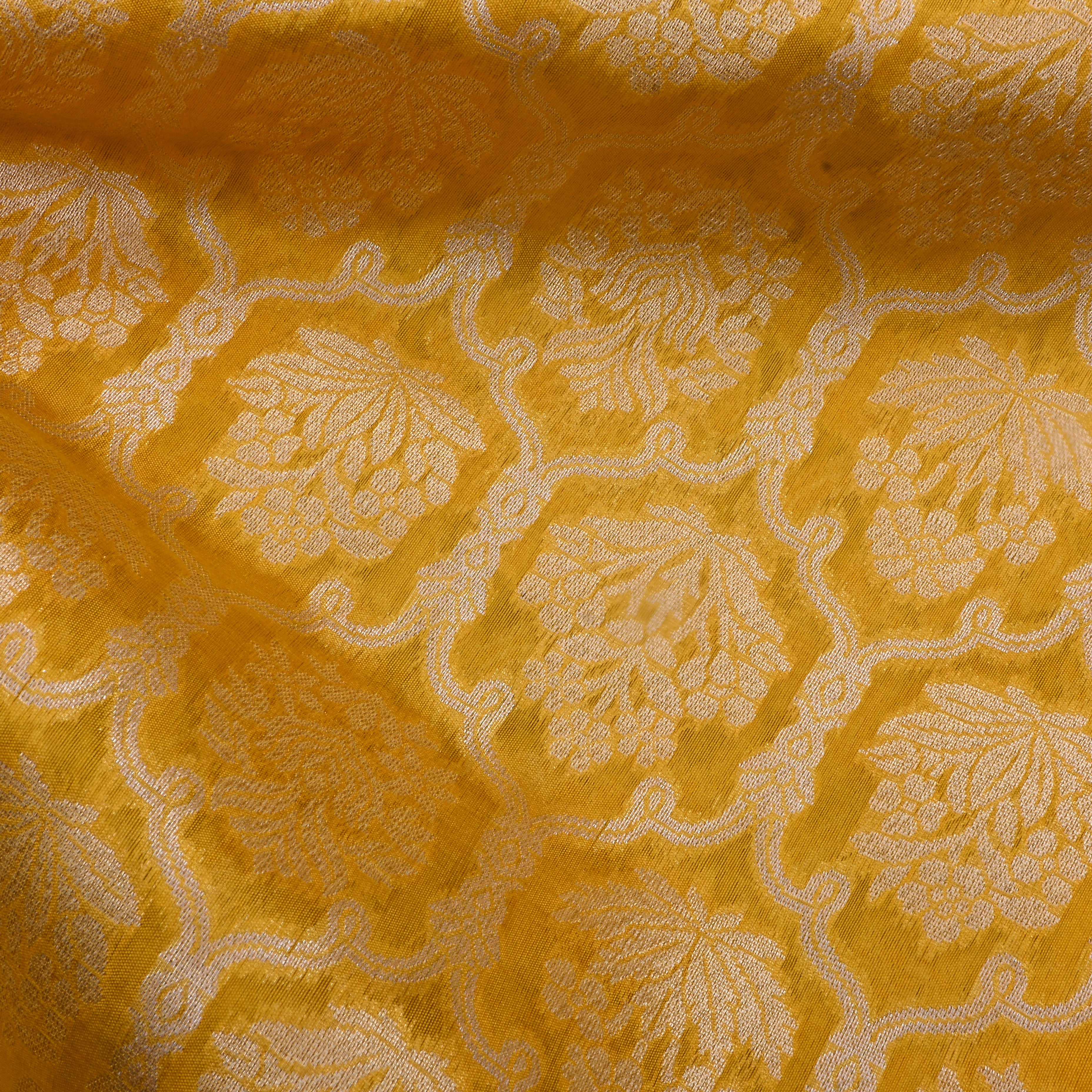 Saffron Yellow Jamawar Silk Fabric With Hexagon Design