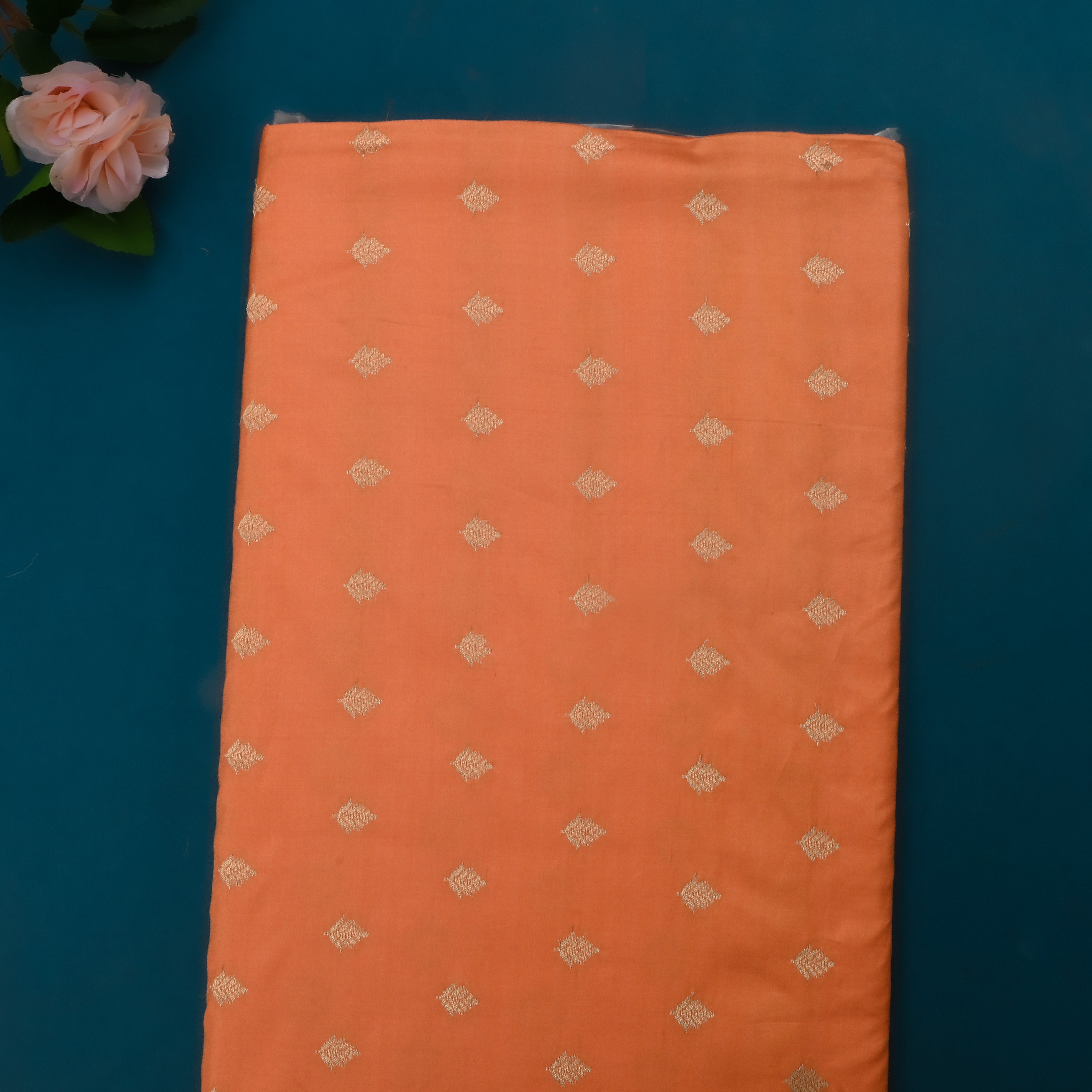 Soft Orange Jamawar Silk Fabric With Buttis