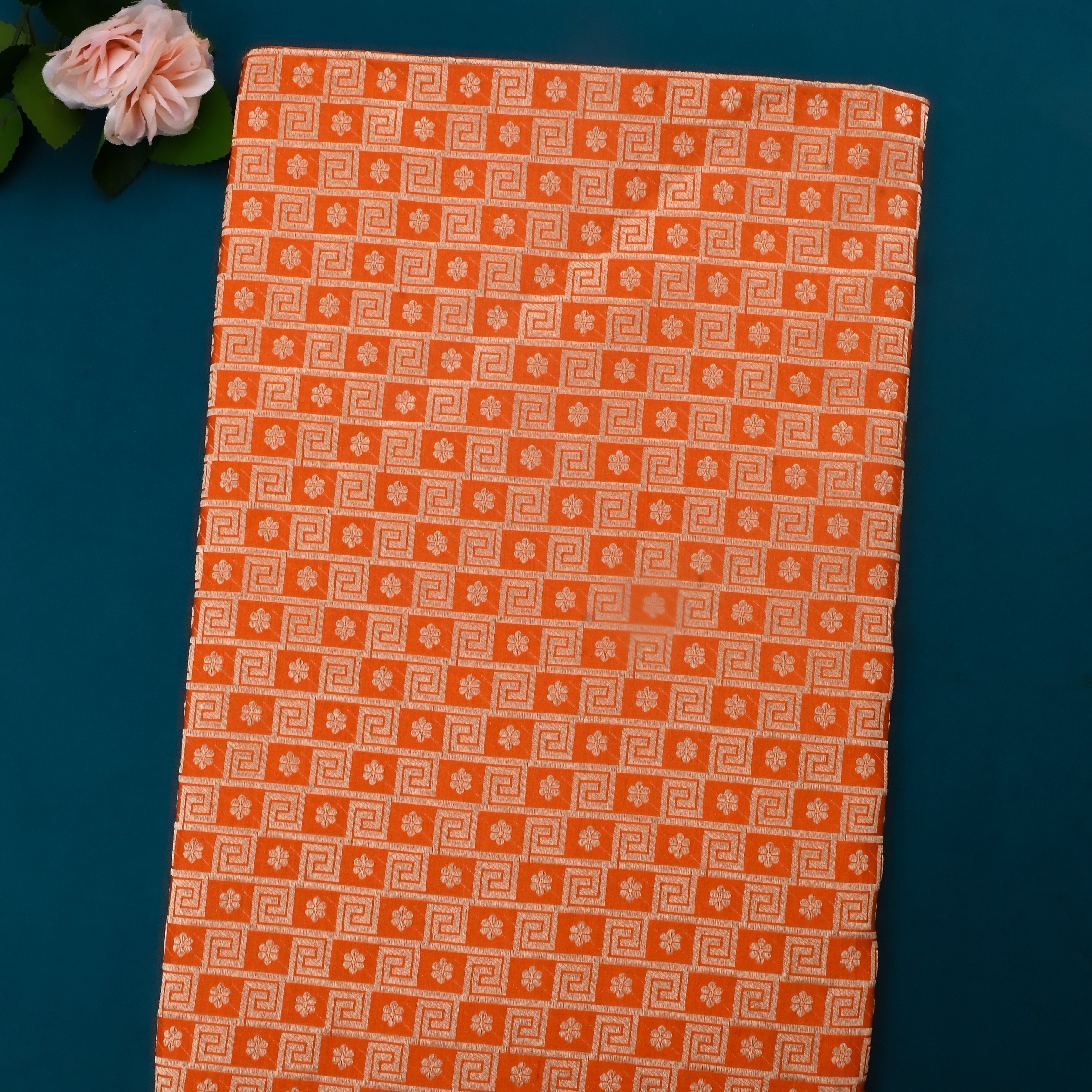 Halloween Orange Jamawar Silk Fabric With Geometrical And Floral Motifs