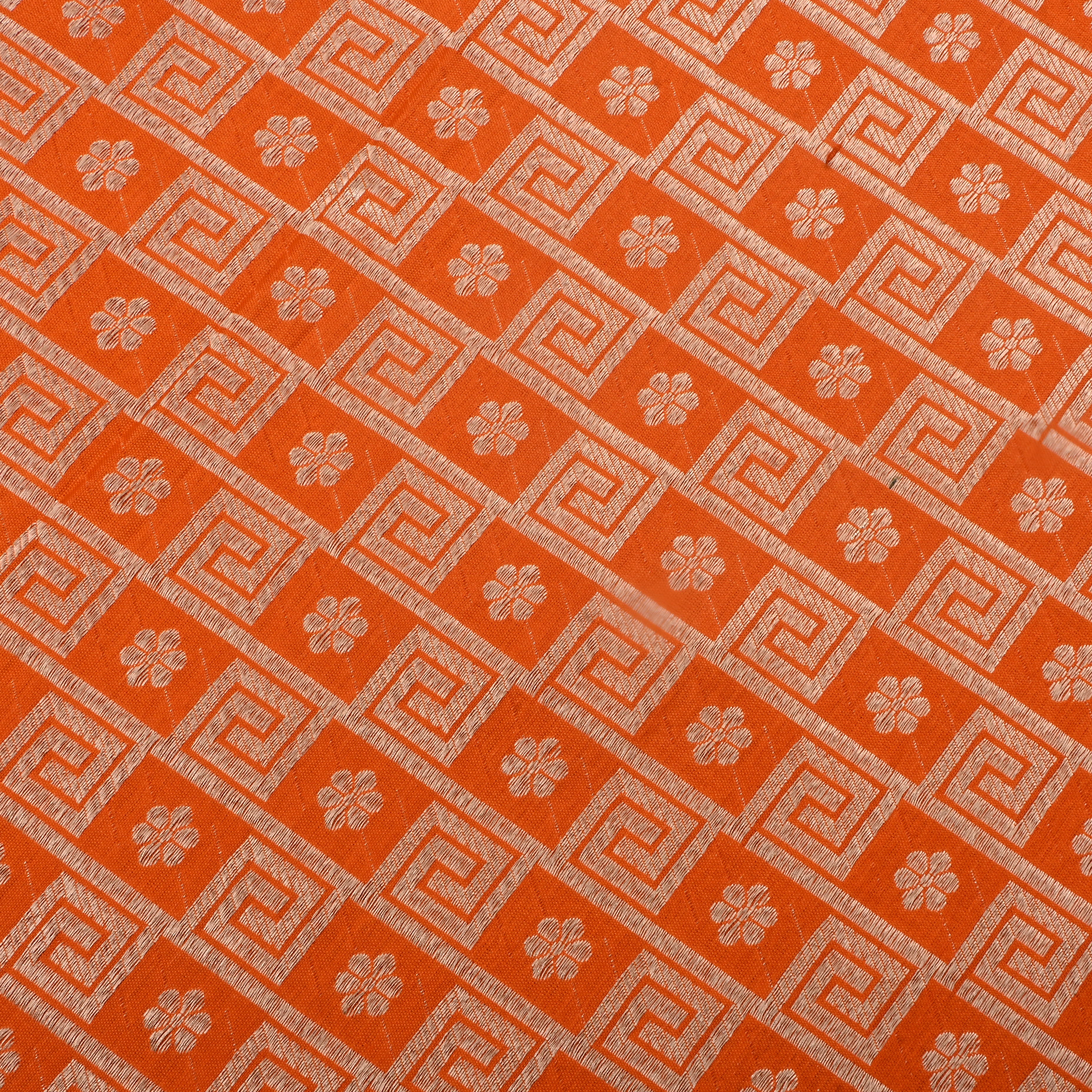 Halloween Orange Jamawar Silk Fabric With Geometrical And Floral Motifs