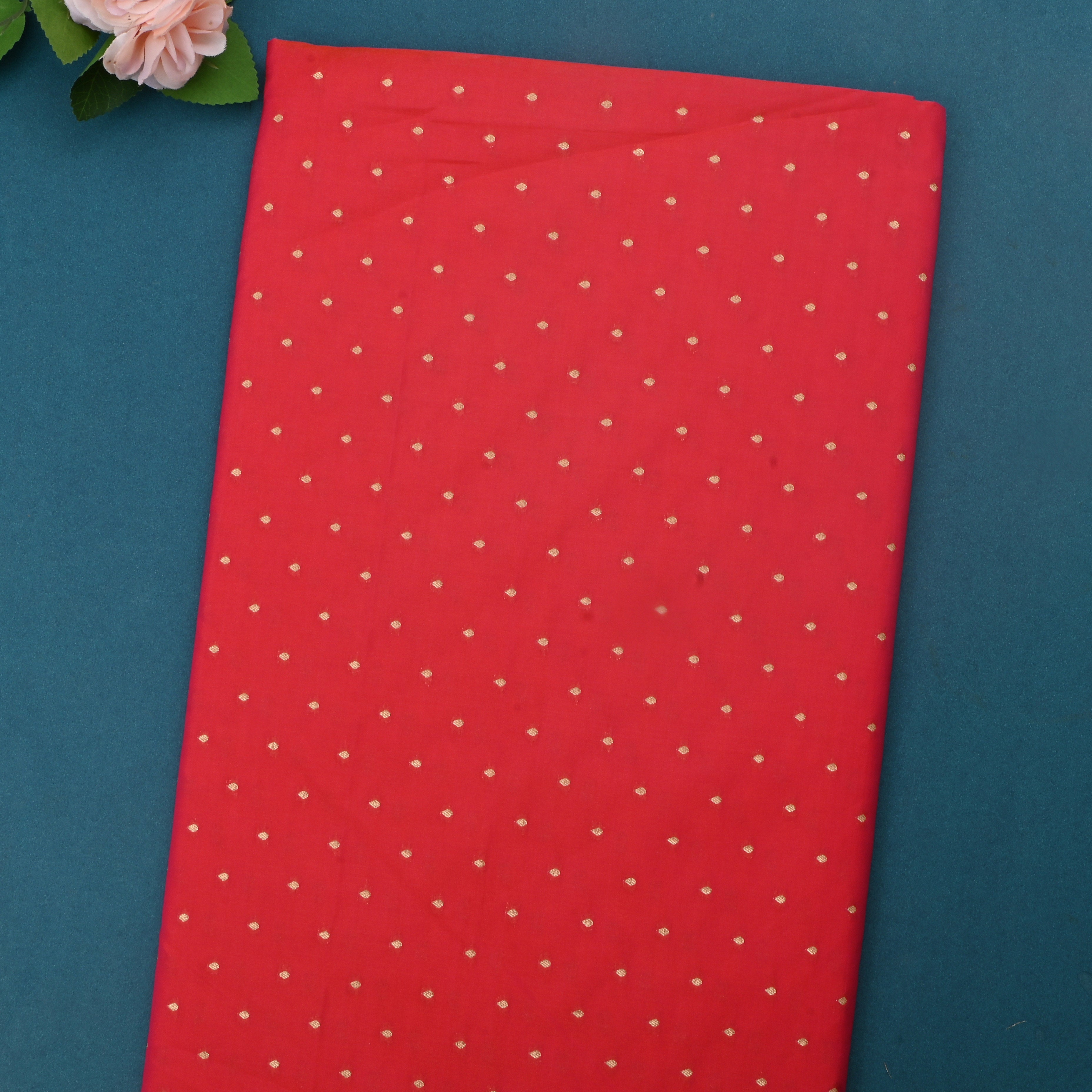 Fire Engine Red Jamawar Silk Fabric With Butti'S