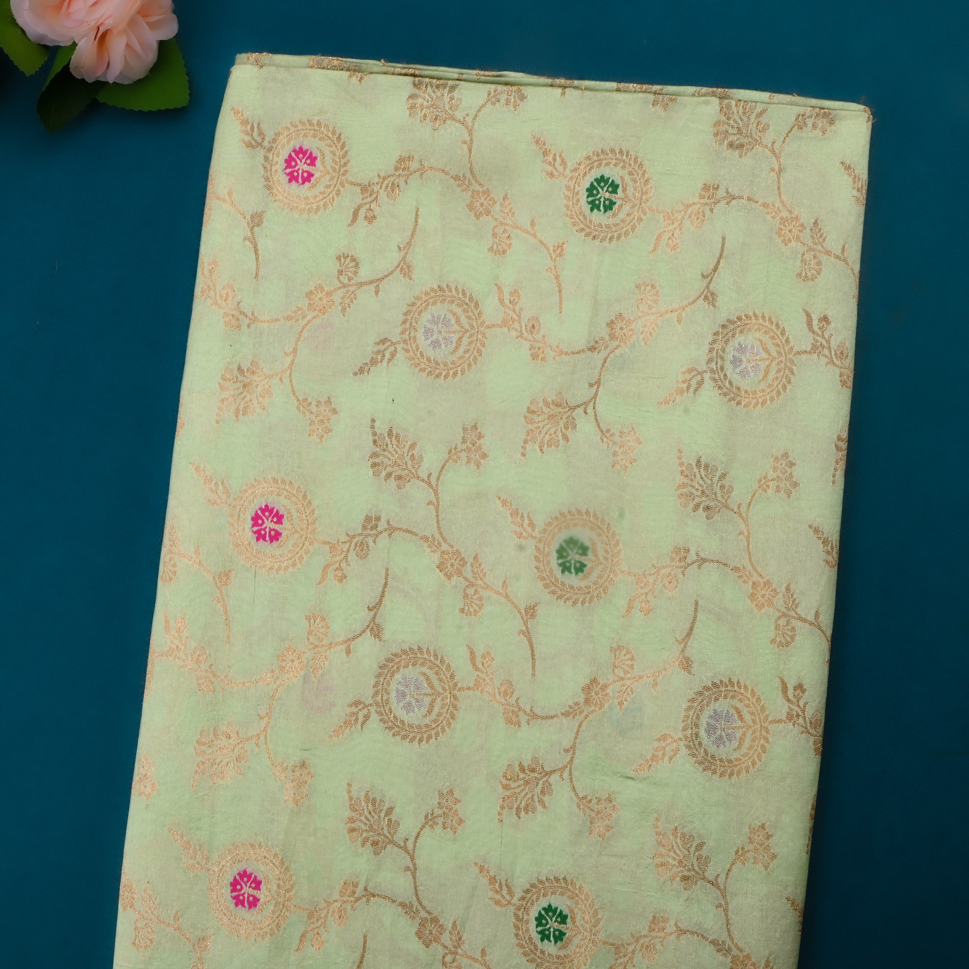 Gin Green Jamawar Silk Fabric With Meenakari Design