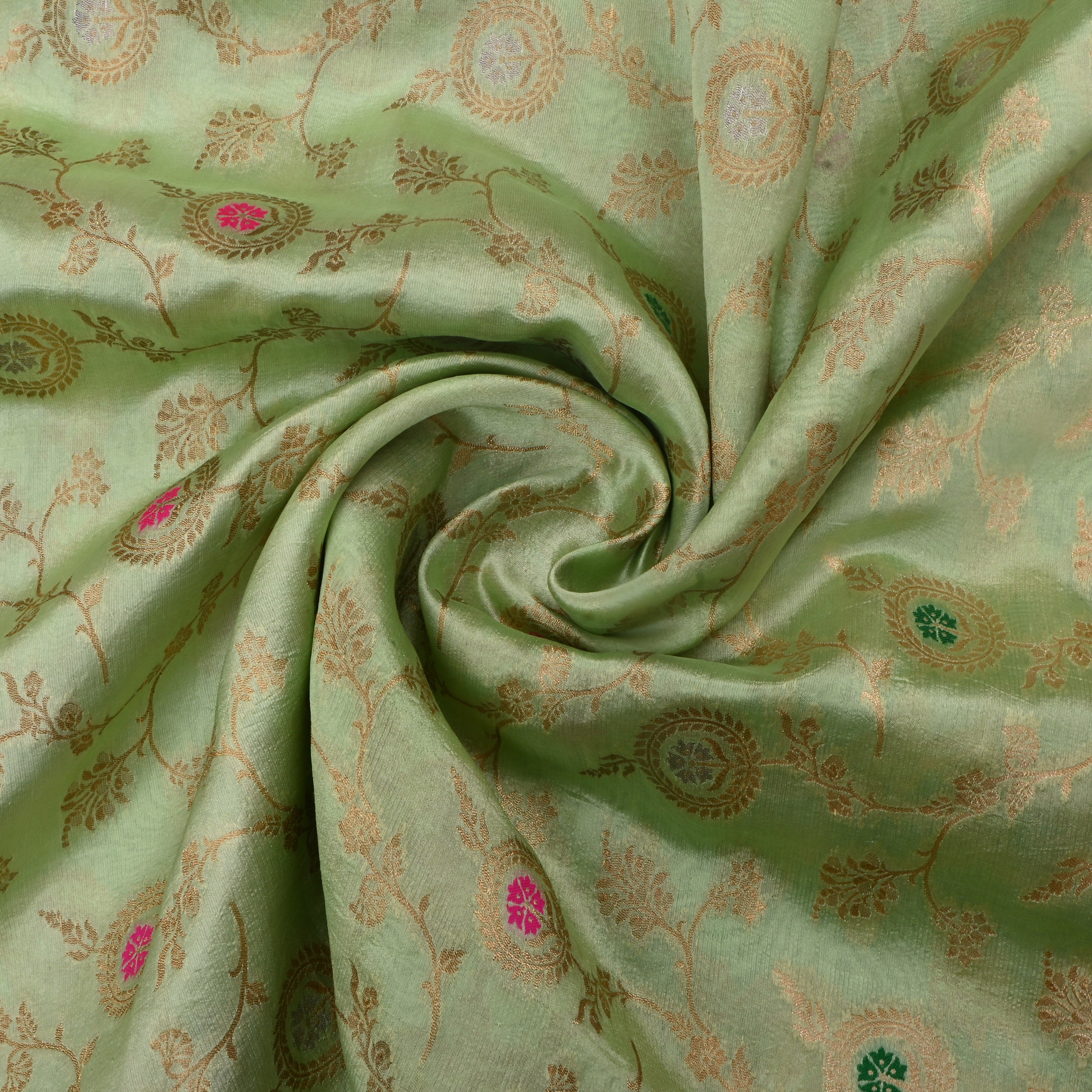 Gin Green Jamawar Silk Fabric With Meenakari Design