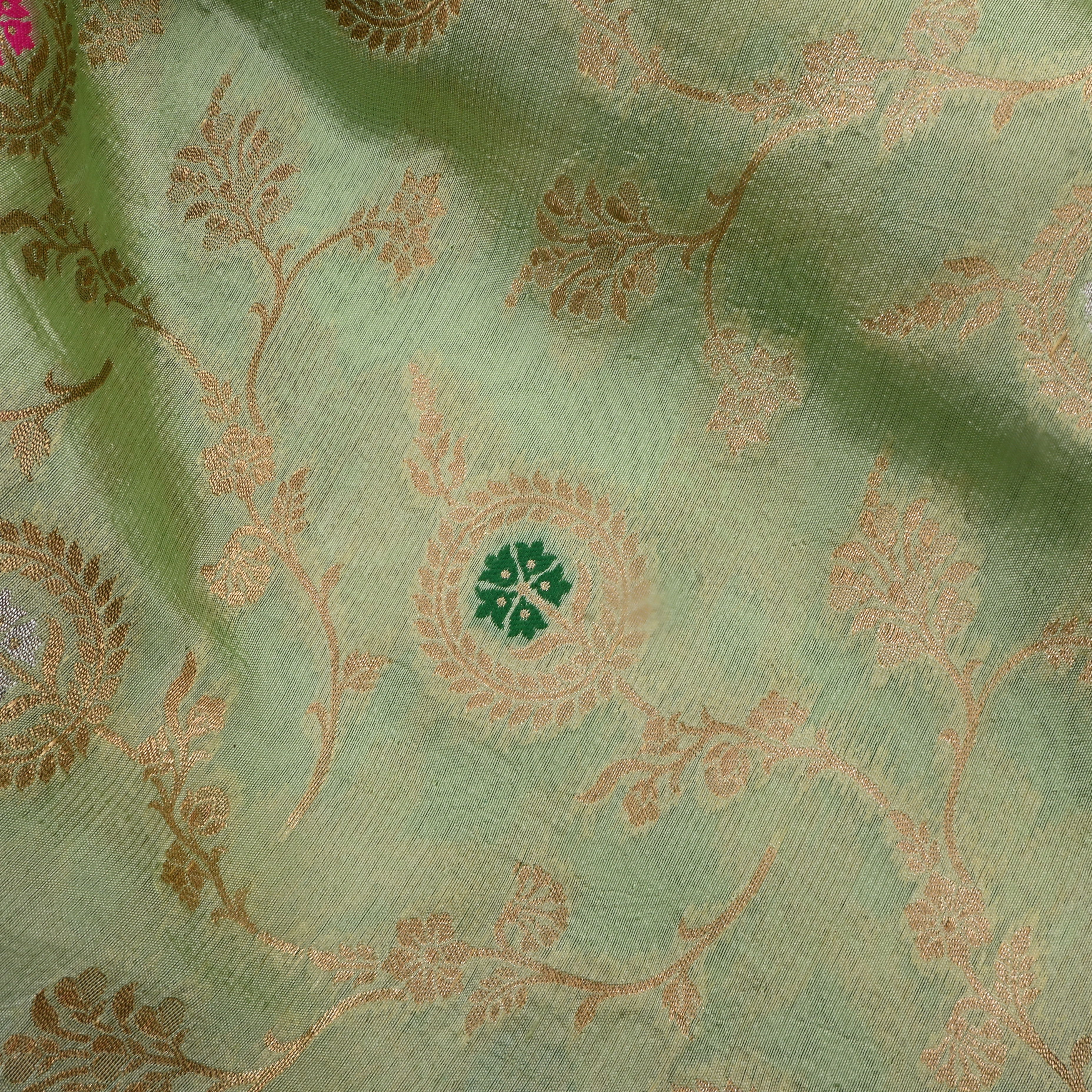 Gin Green Jamawar Silk Fabric With Meenakari Design