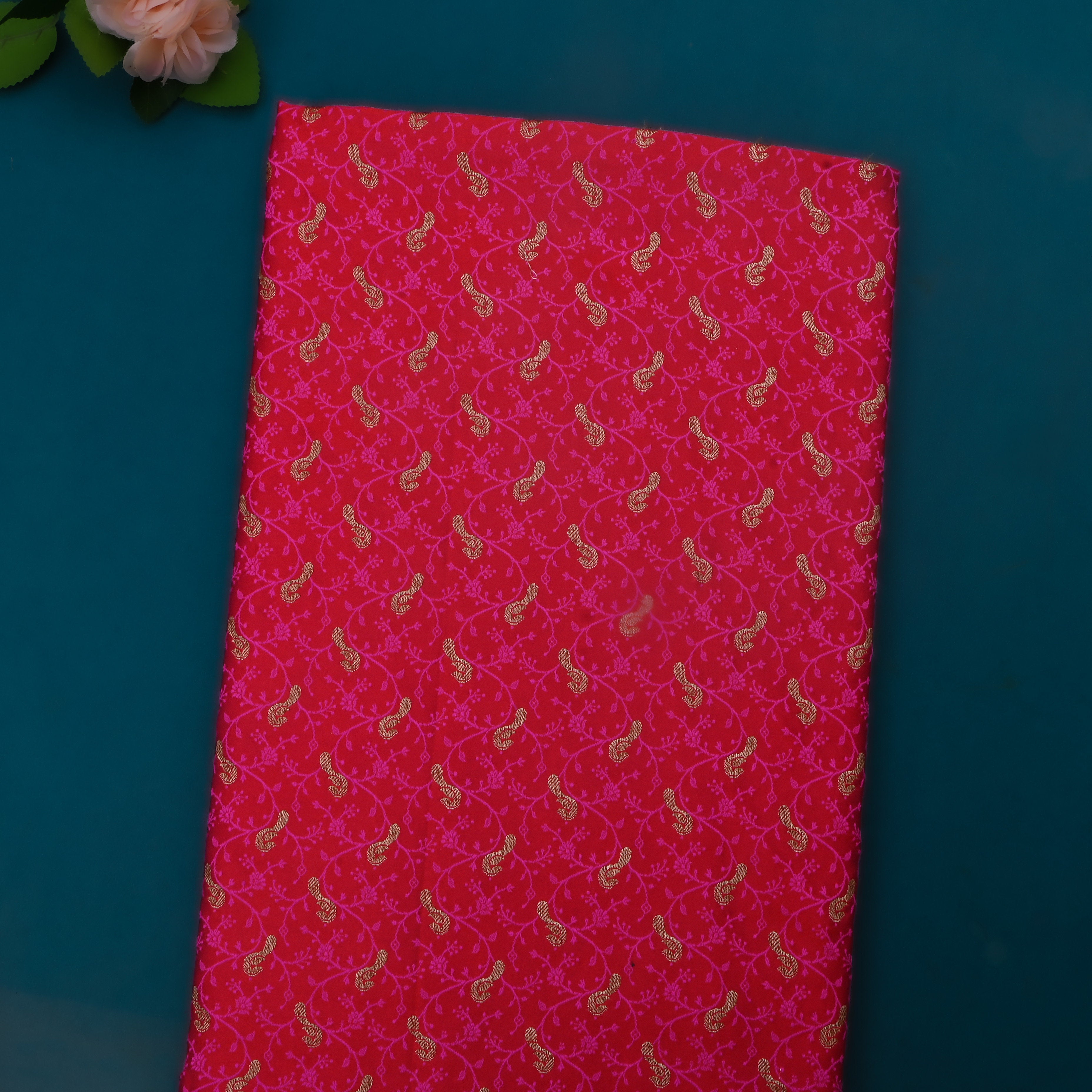 Bright Orange Jamawar Satin Fabric With Buttis