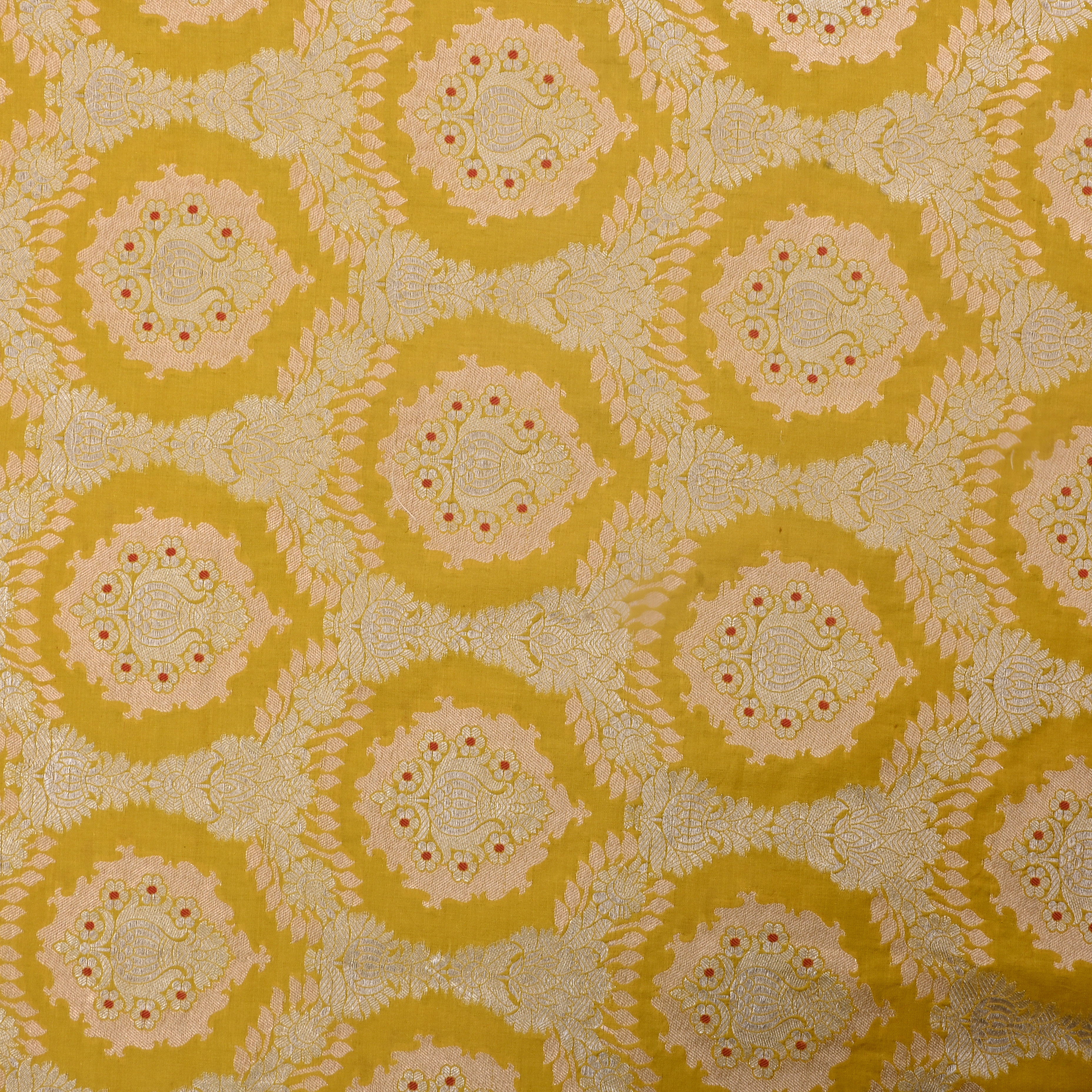 Golden Yellow Jamawar Silk Fabric With Geometric Design