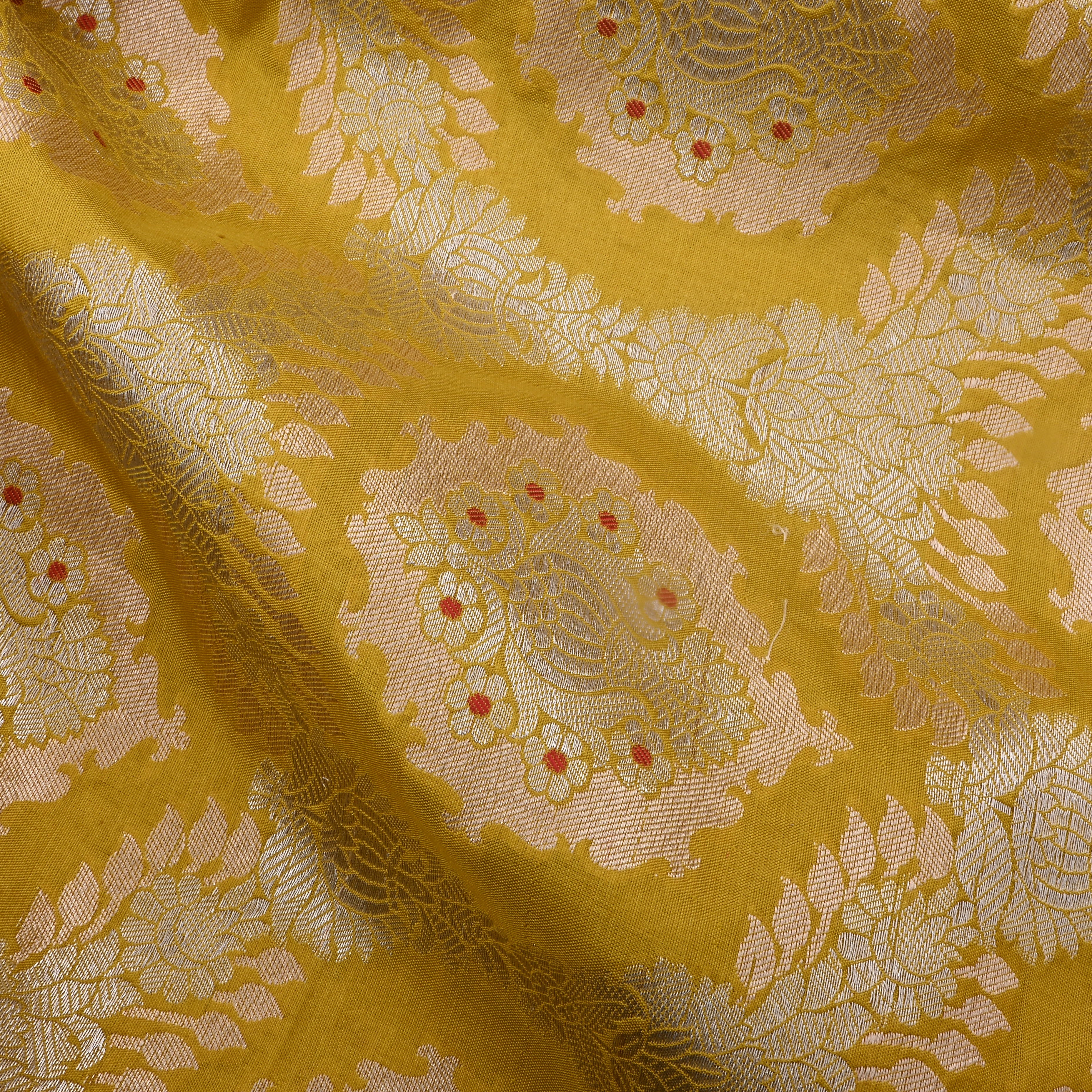 Golden Yellow Jamawar Silk Fabric With Geometric Design