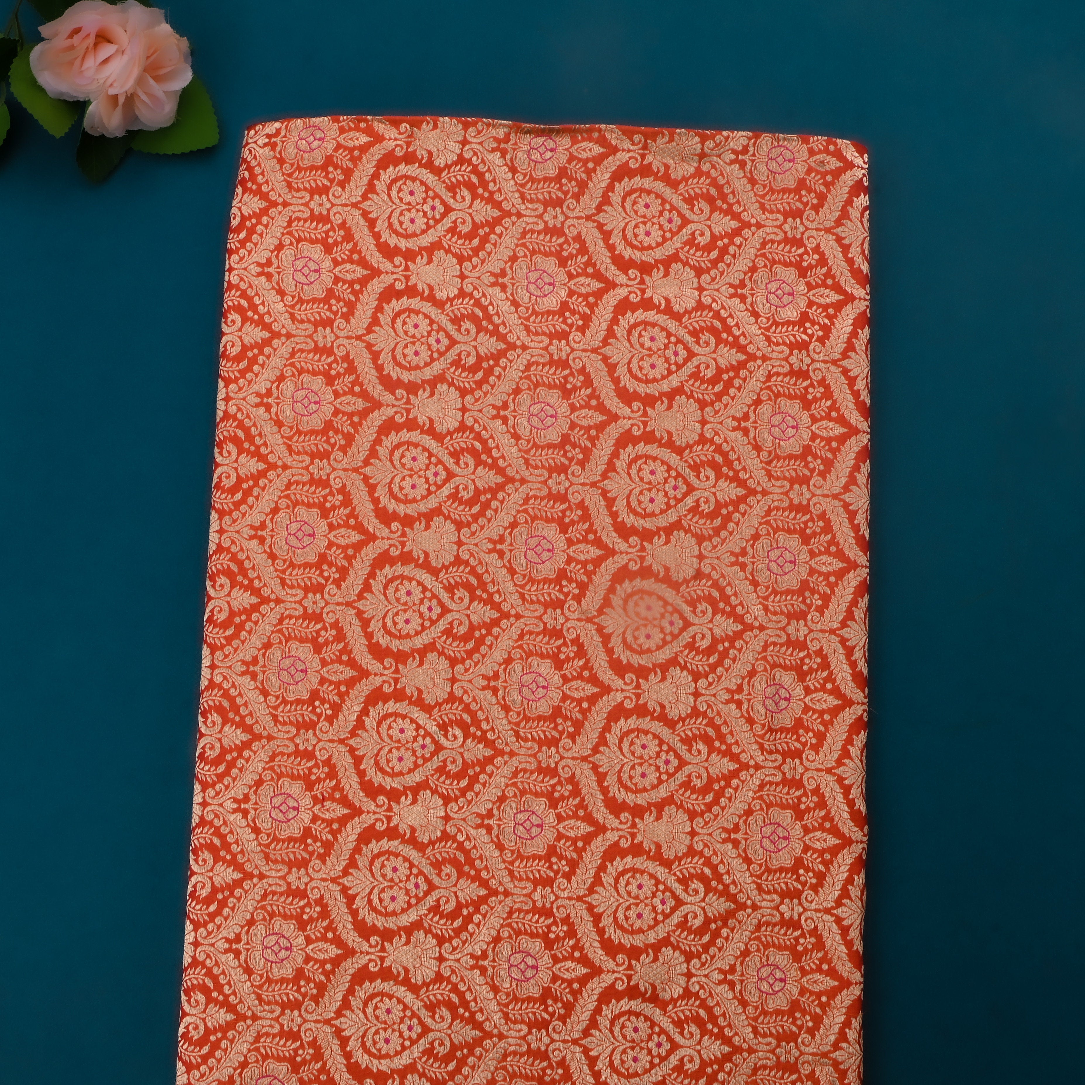 Orange Jamawar Silk Fabric With Woven Design