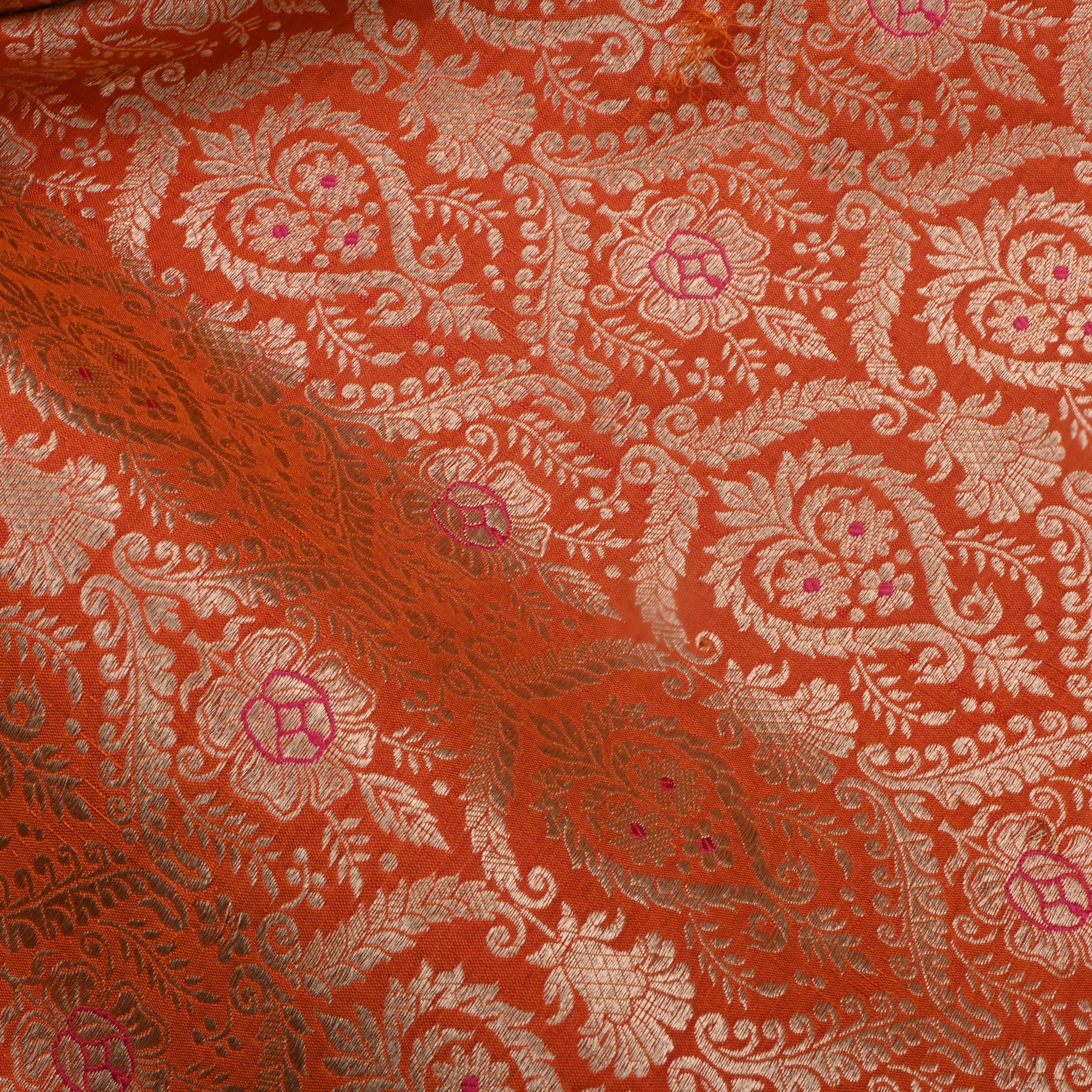 Orange Jamawar Silk Fabric With Woven Design