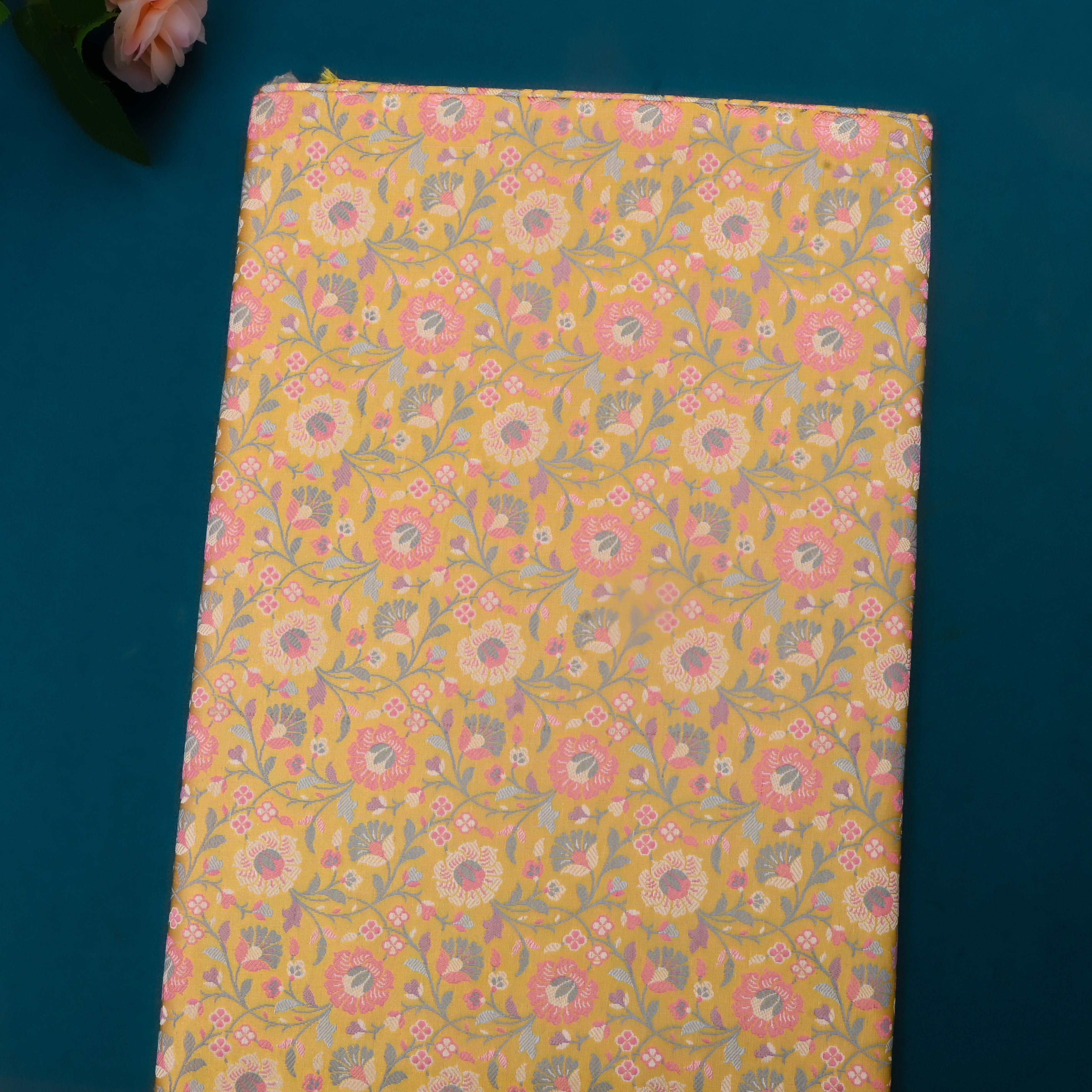 Indian Yellow Jamawar Satin Fabric With Floral Jaal