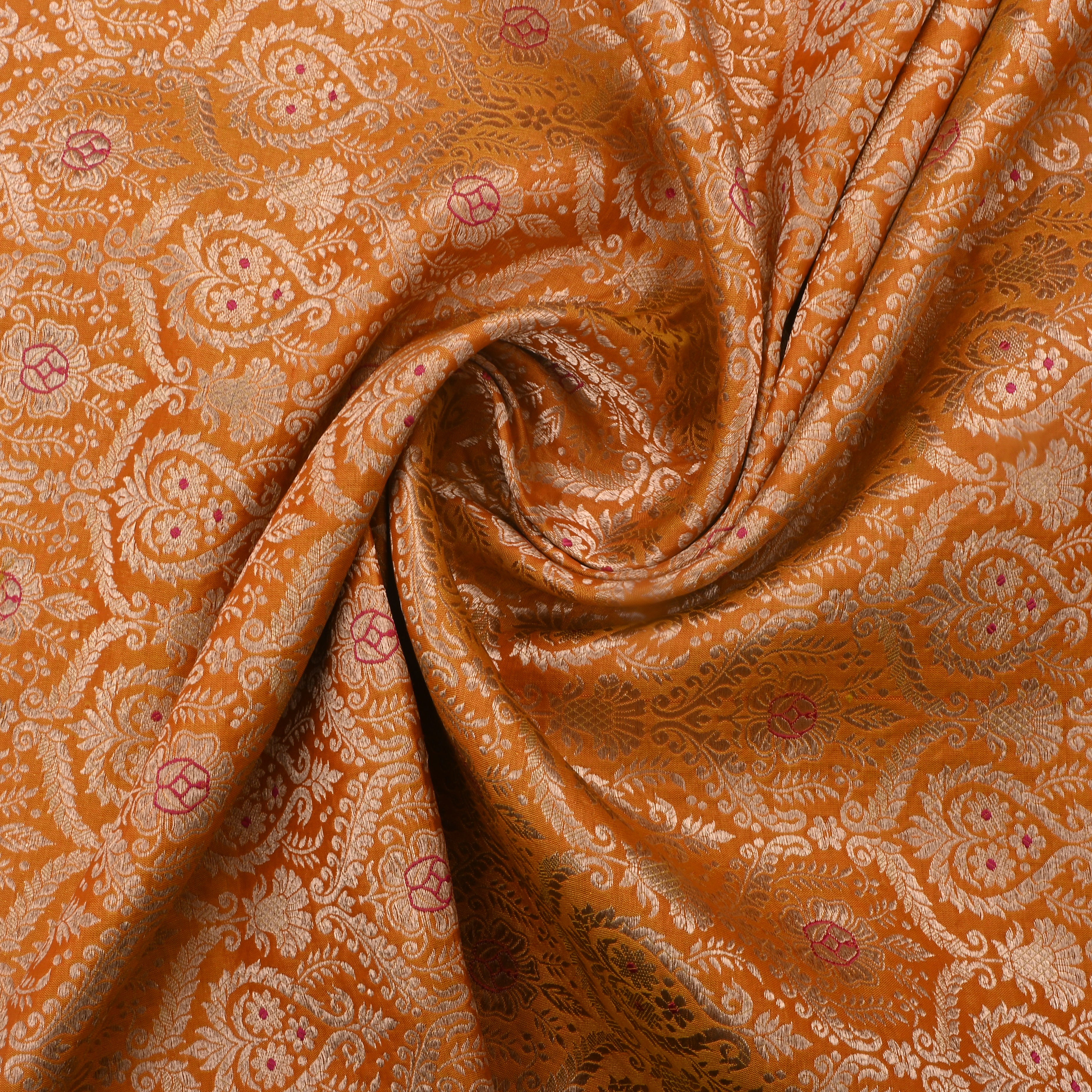 Orange Jamawar Silk Fabric With Woven Pattern