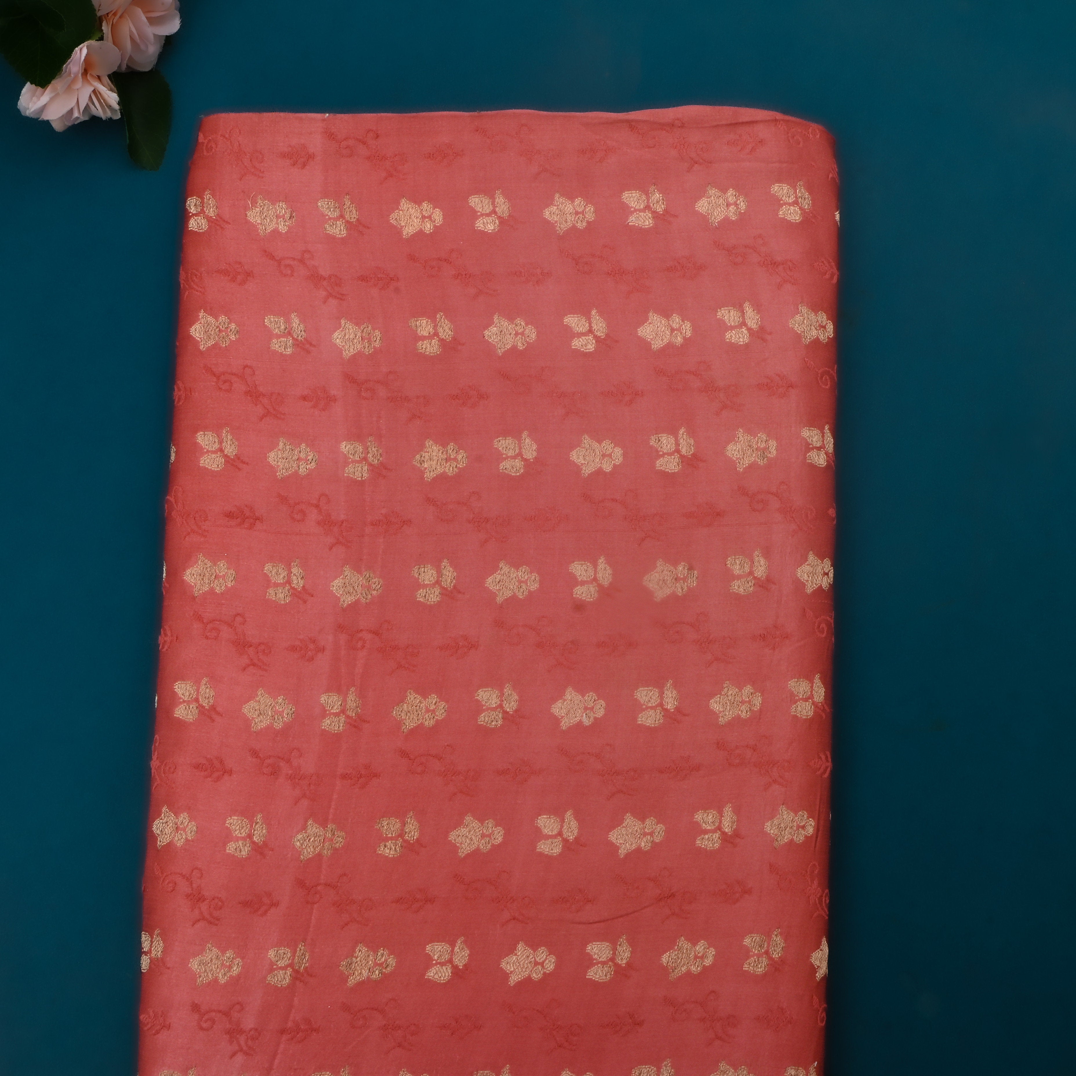 Georgia Peach Jamawar Satin Fabric With Buttis