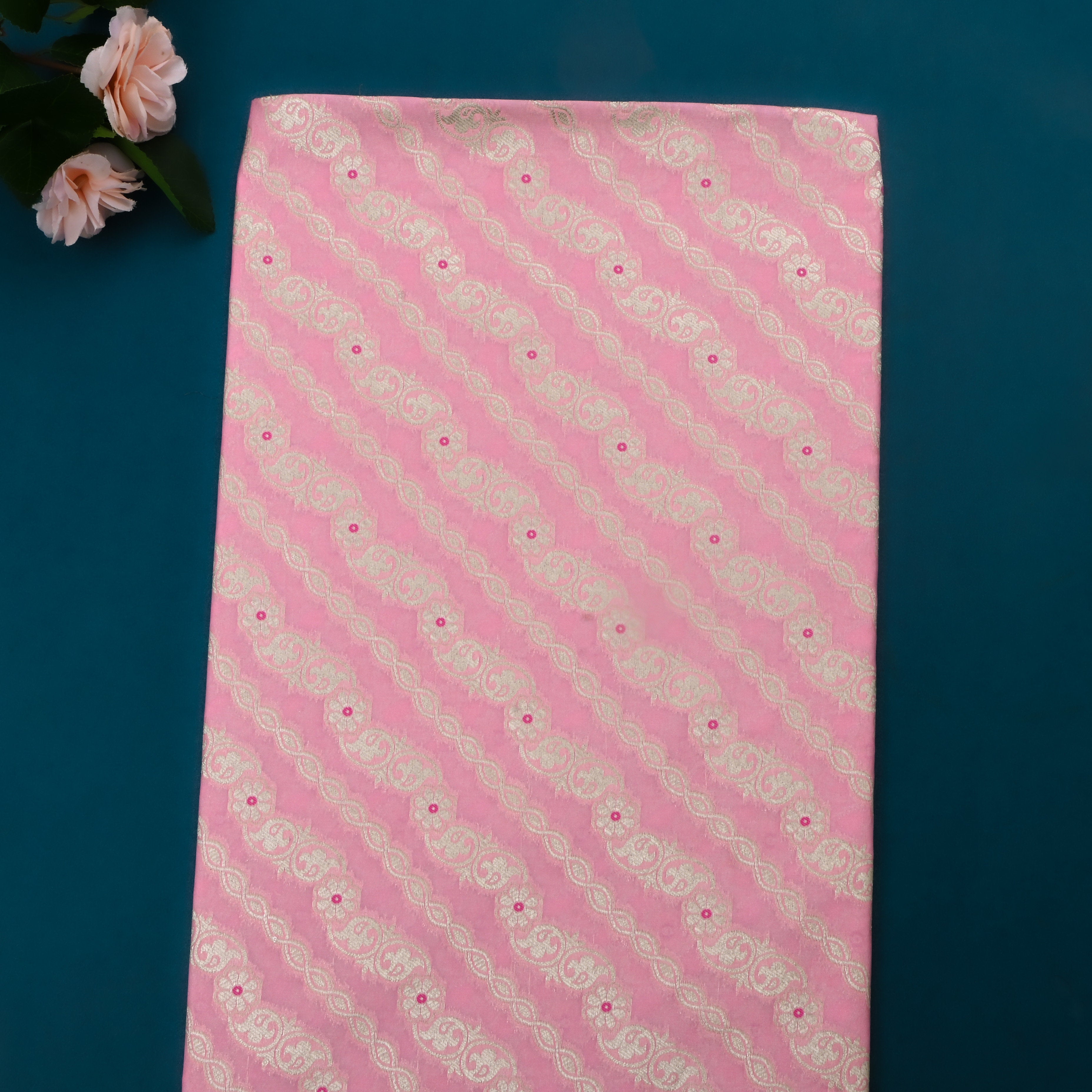 Light Pink Jamawar Silk Fabric With Leheriya Design