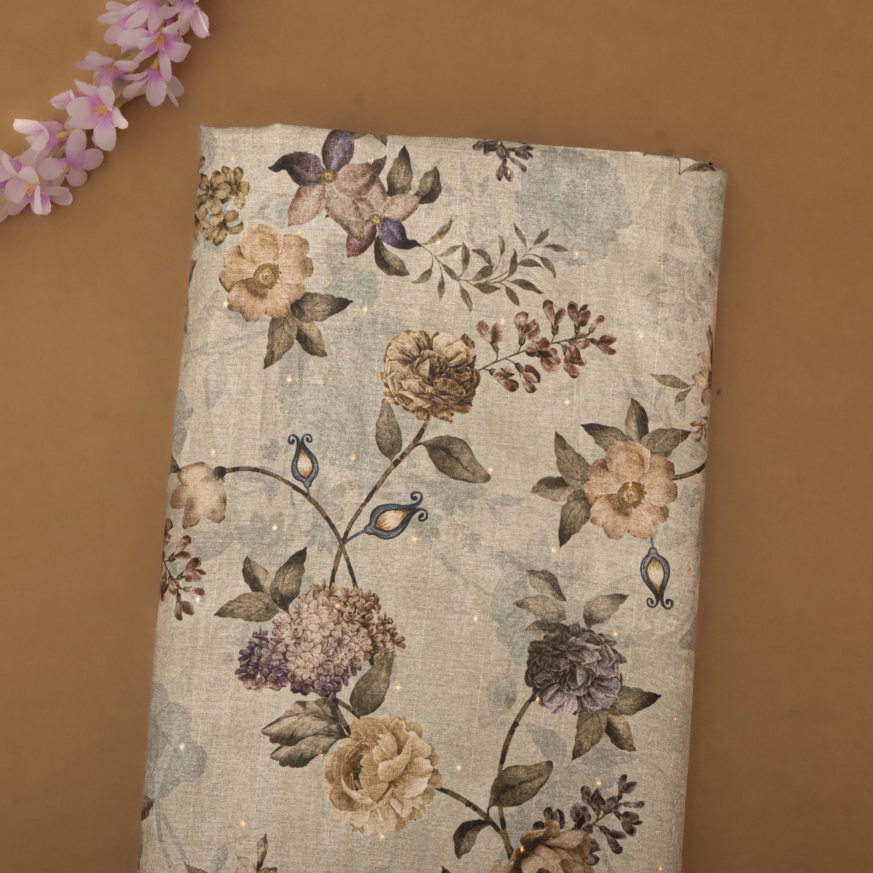 Soft Beige Tussar Fabric With Digital Prints