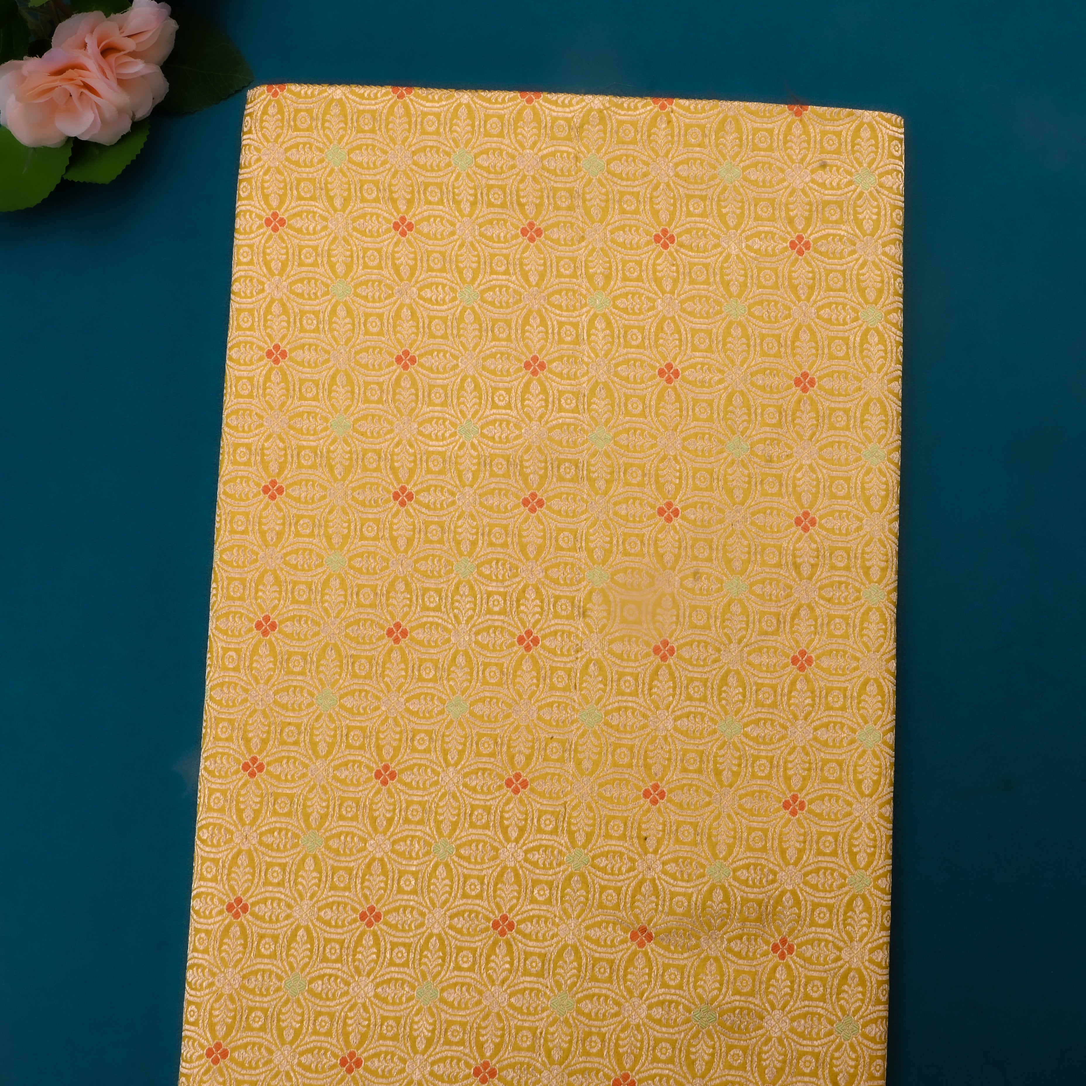 Satin Sheen Gold Jamawar Silk Fabric With Floral Design