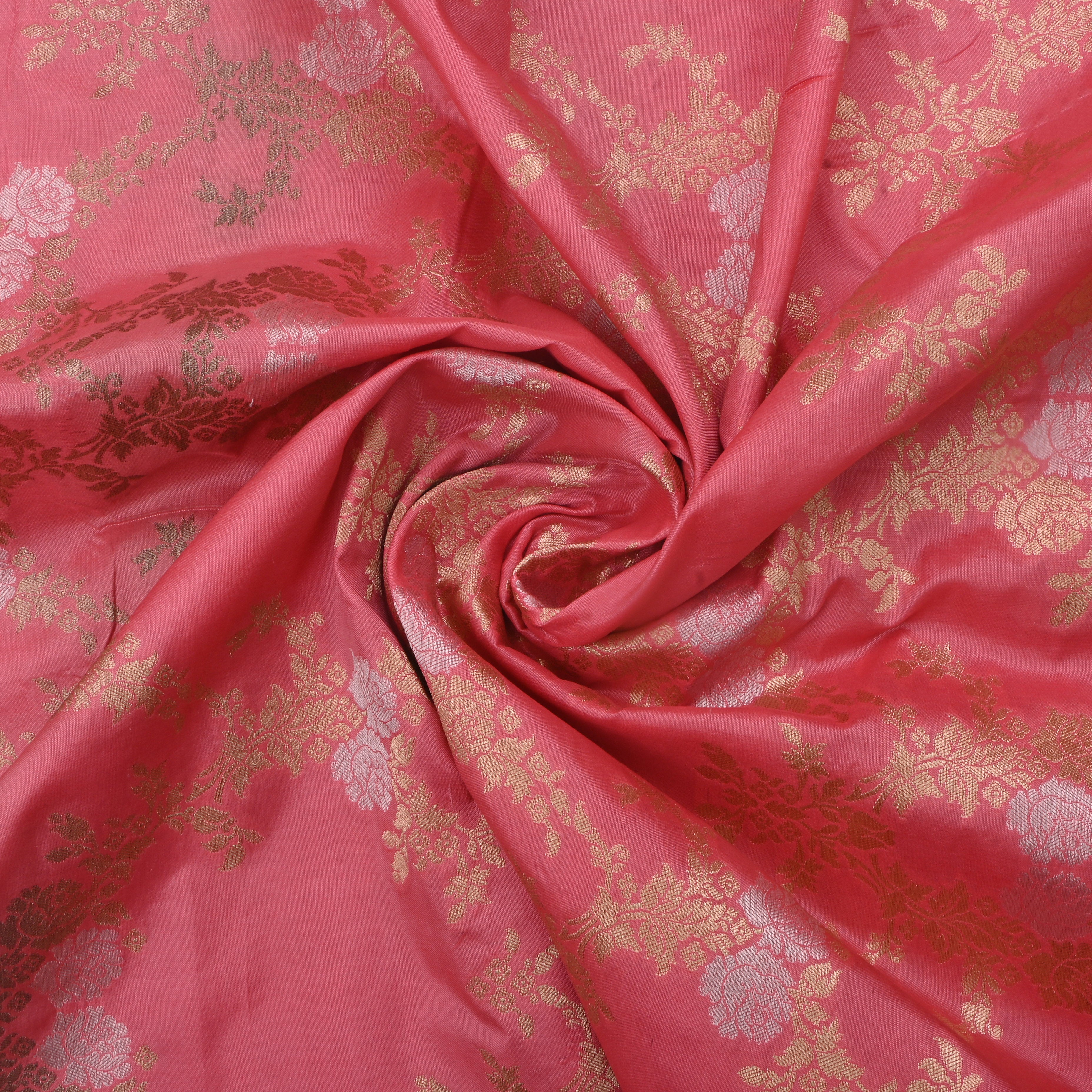 Light Carmine Pink Jamawar Silk Fabric With Floral Jaal