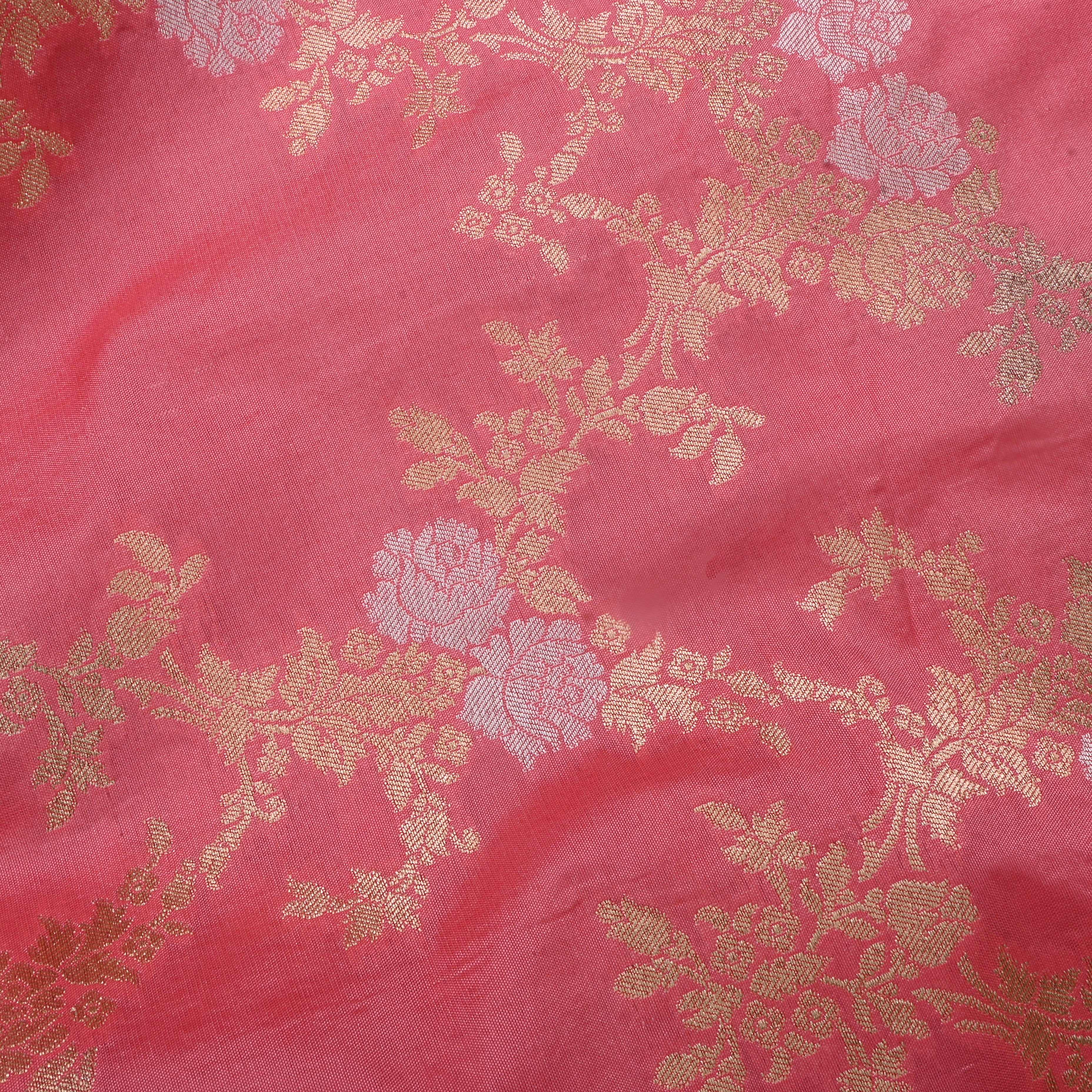 Light Carmine Pink Jamawar Silk Fabric With Floral Jaal