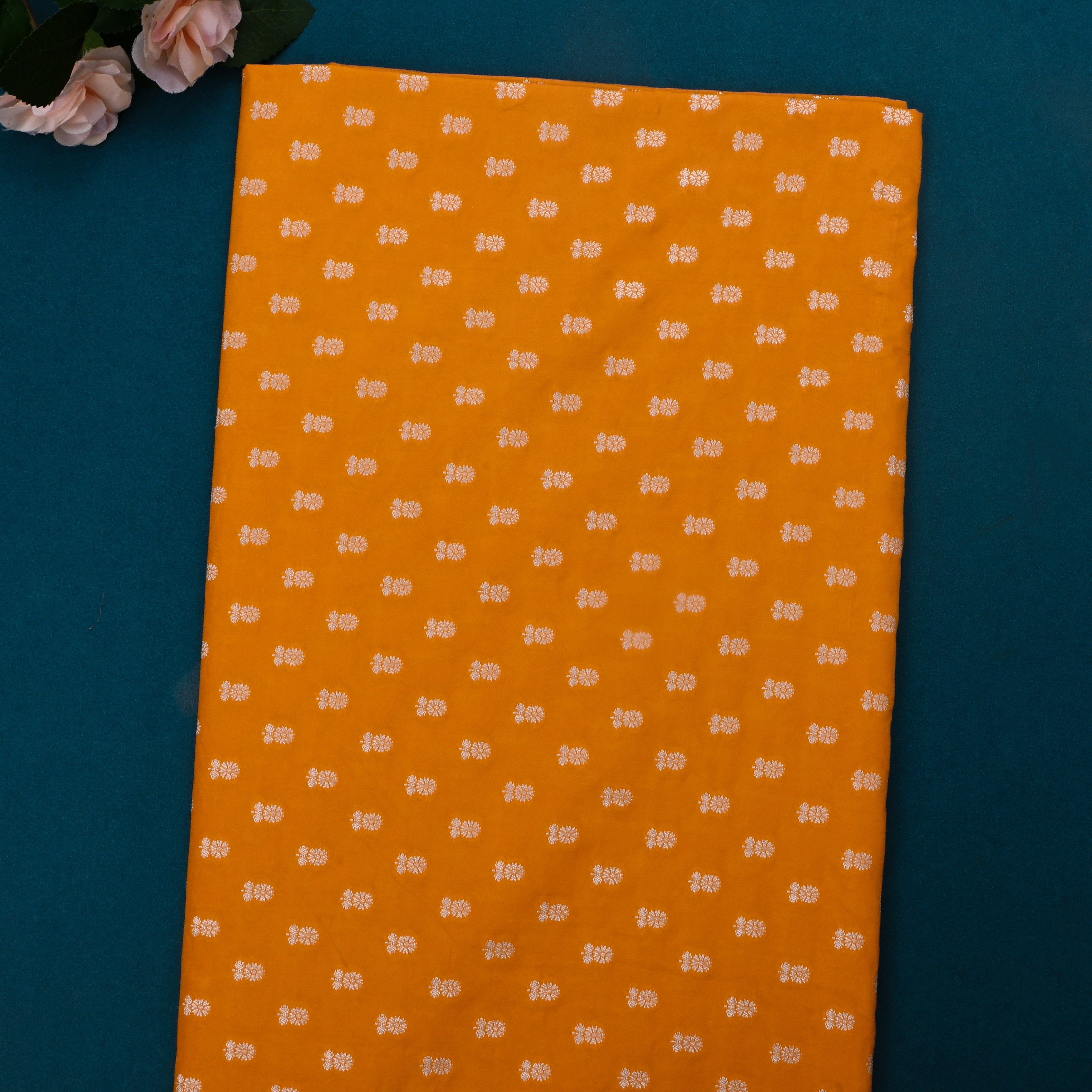 Dirty Orange Jamawar Silk Fabric With Floral Butti'S