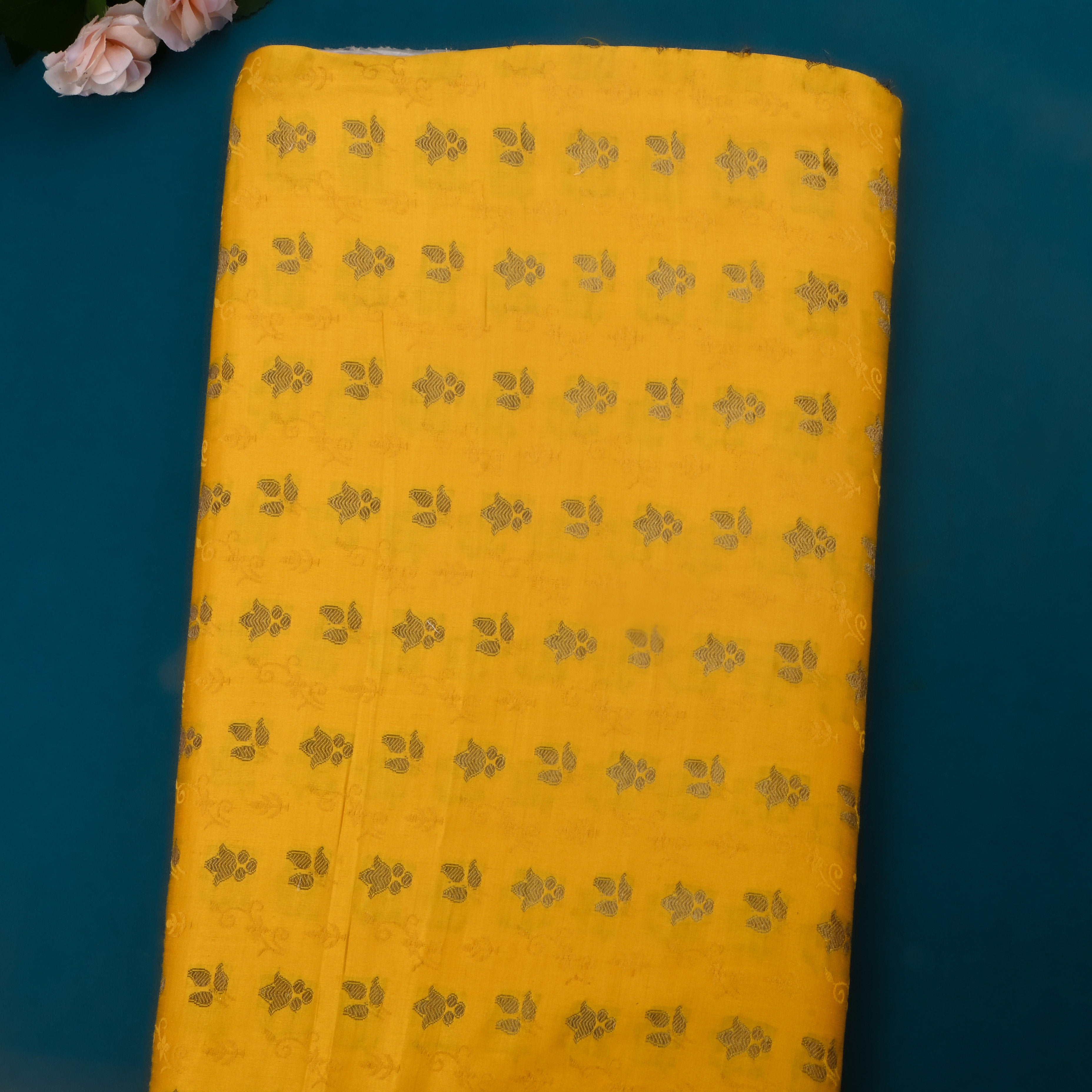 Yellow Jamawar Satin Fabric With Buttis