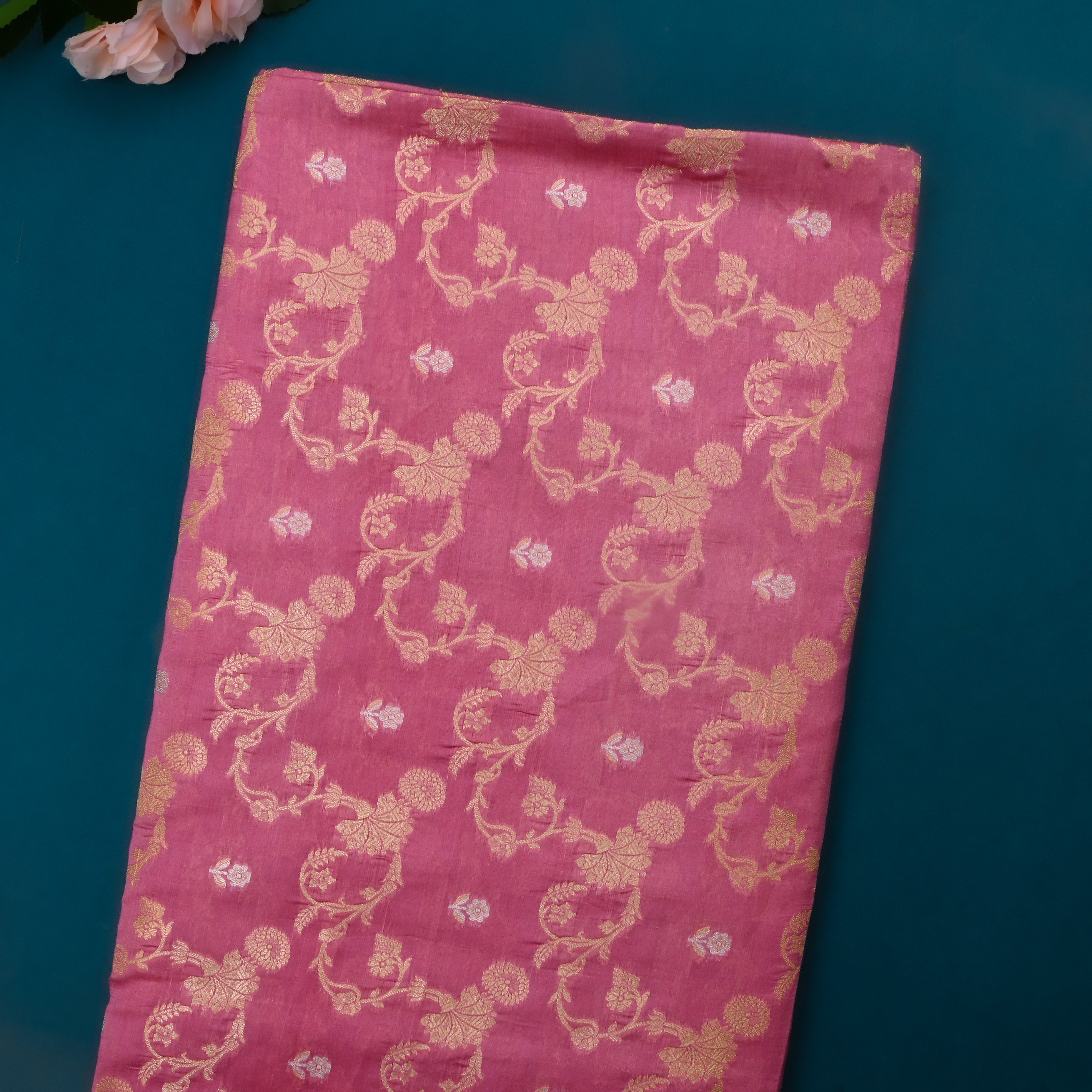 Raspberry Pink Jamawar Silk Fabric With Floral Jaal