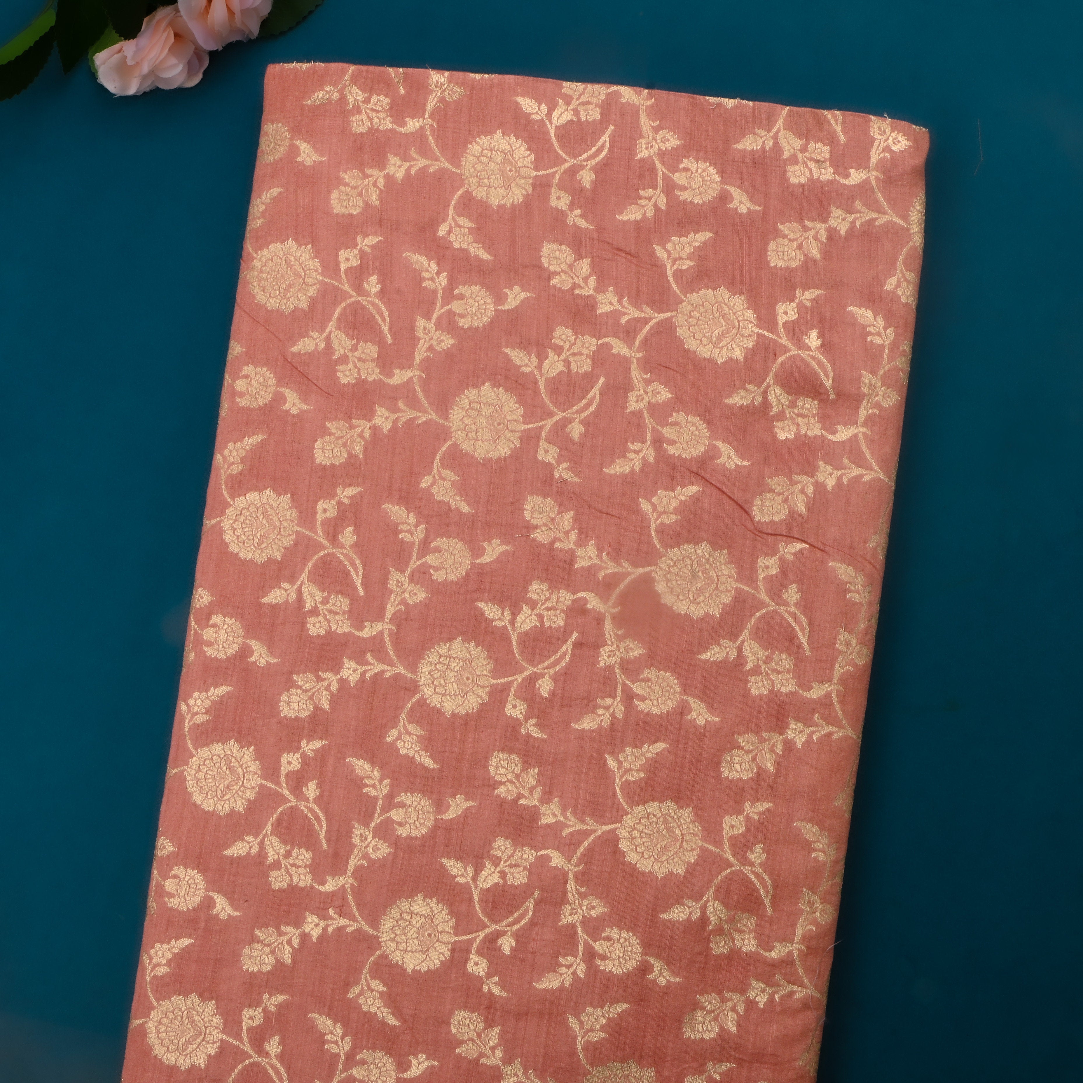 Pinkish Brown Jamawar Silk Fabric With Floral Jaal