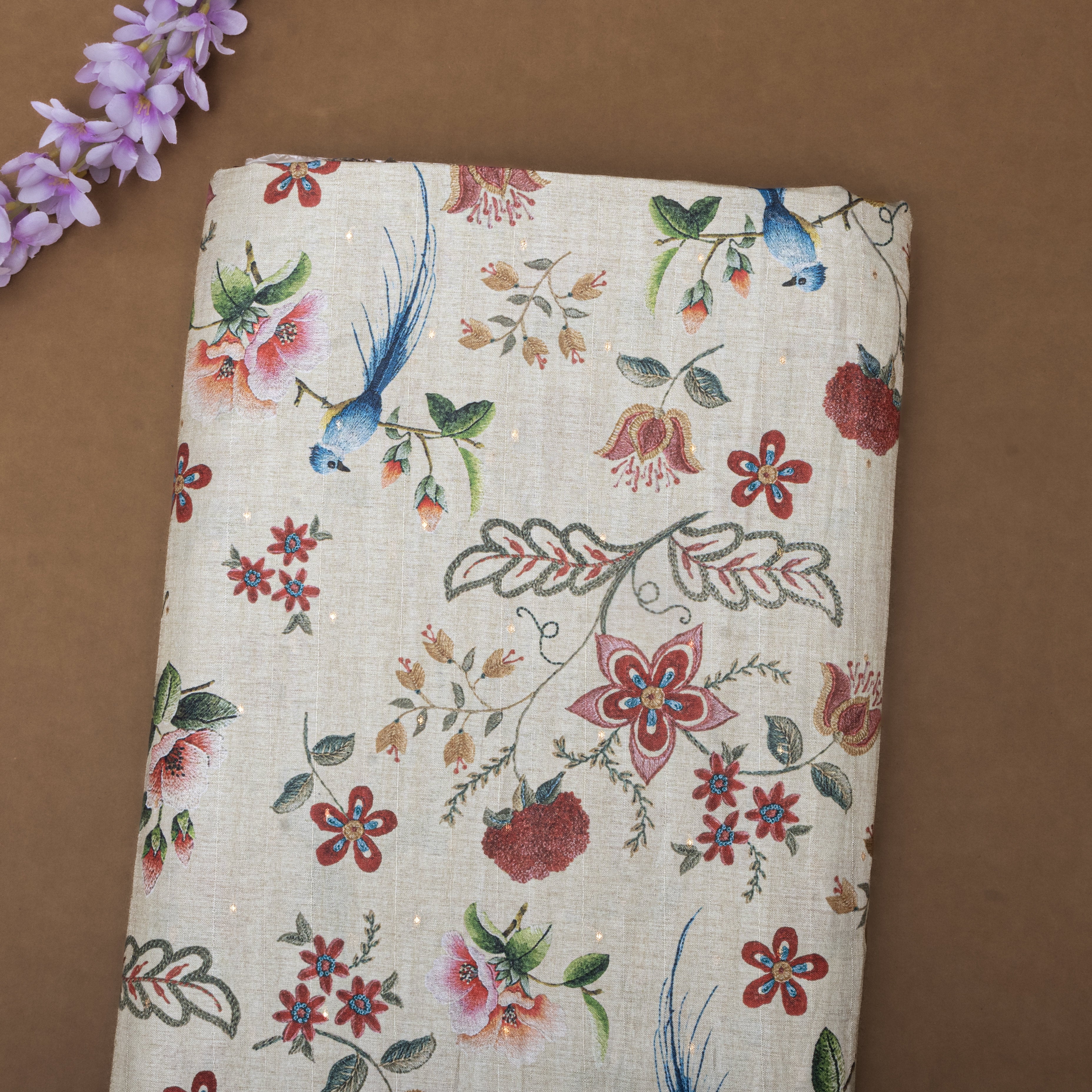 Off White Tussar Fabric With Prints