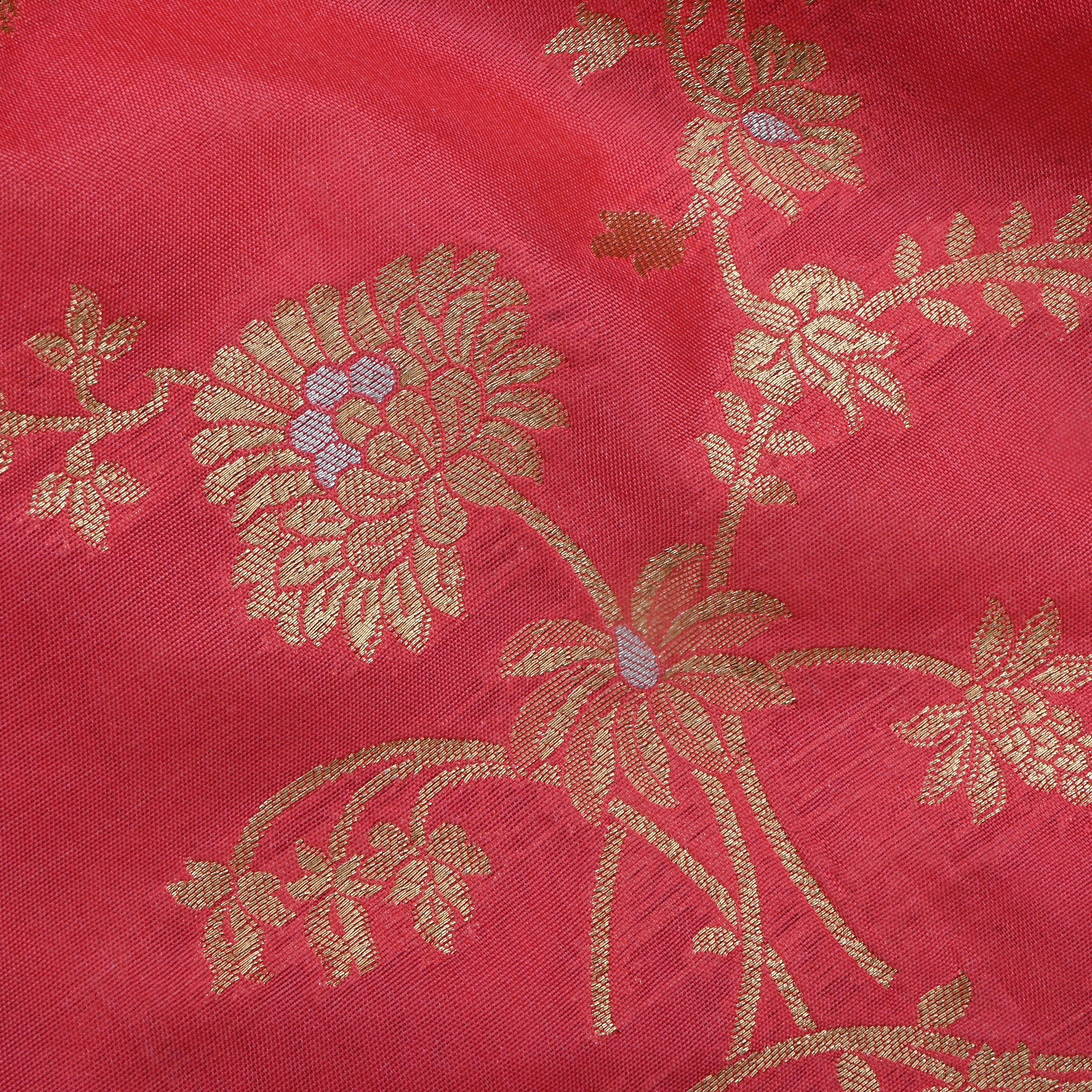 Faded Red Jamawar Silk Fabric With Floral Jaal