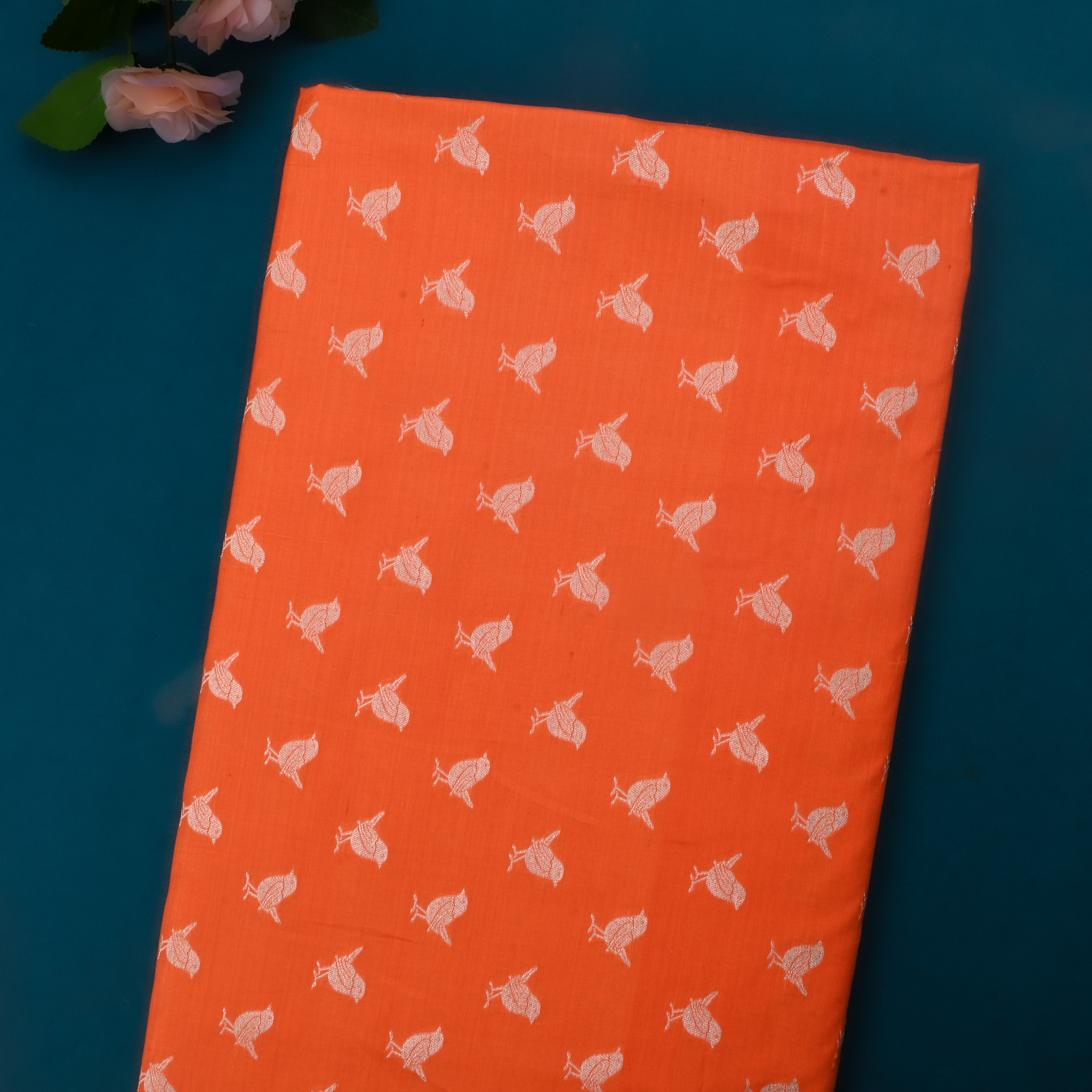 Flame Orange Jamawar Silk Fabric With Parrot Patterns