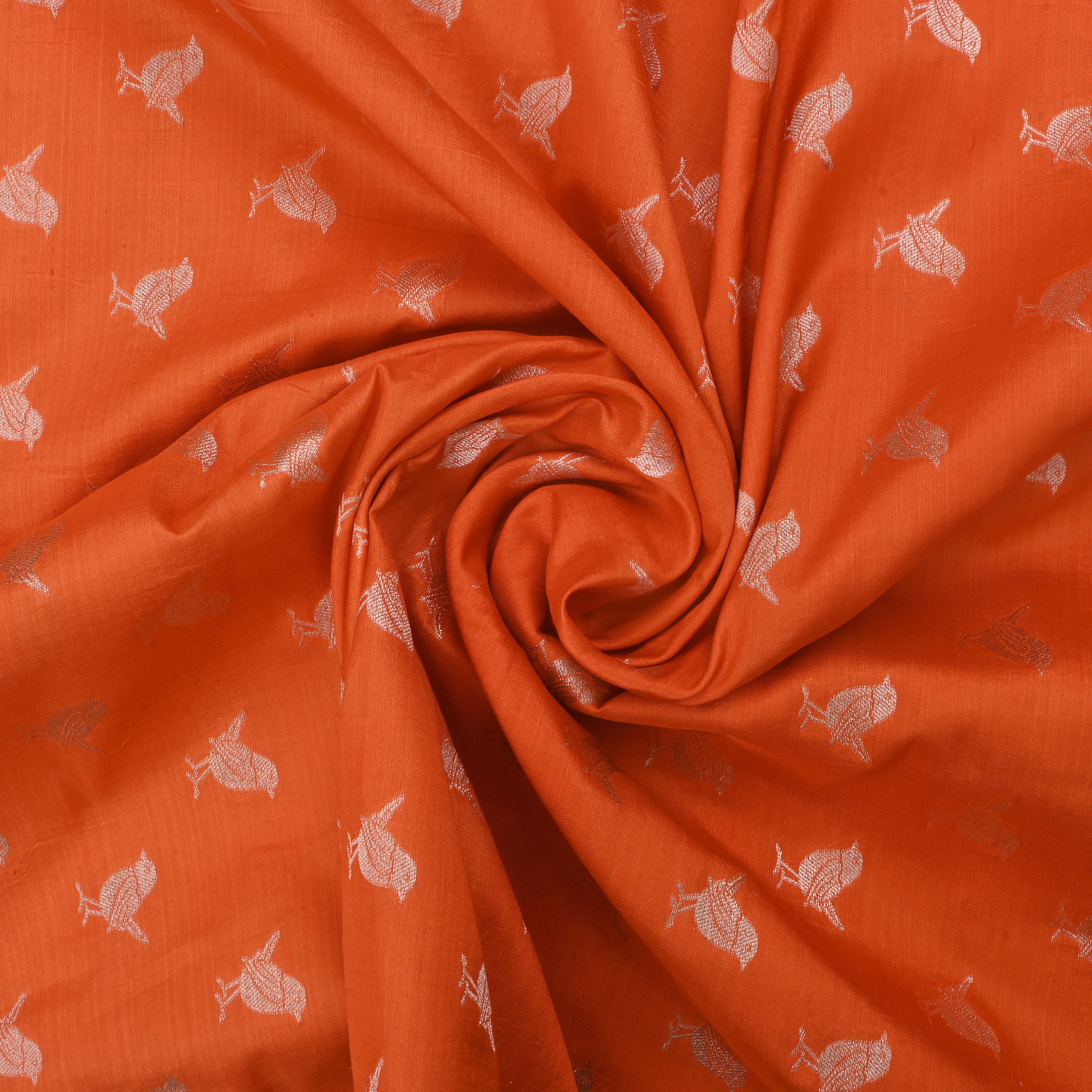 Flame Orange Jamawar Silk Fabric With Parrot Patterns