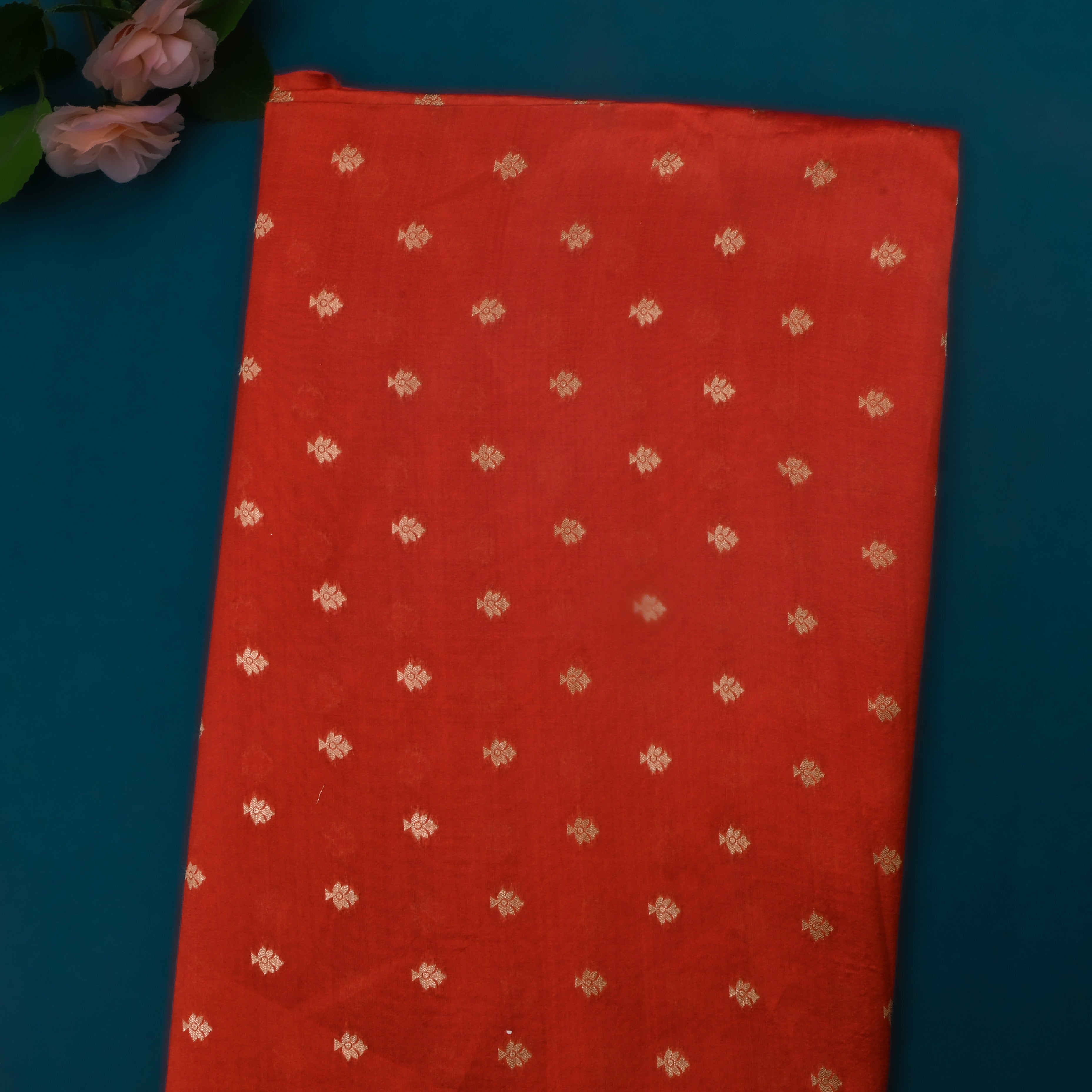 Tabasco Orangy Red Jamawar Silk Fabric With Butti'S
