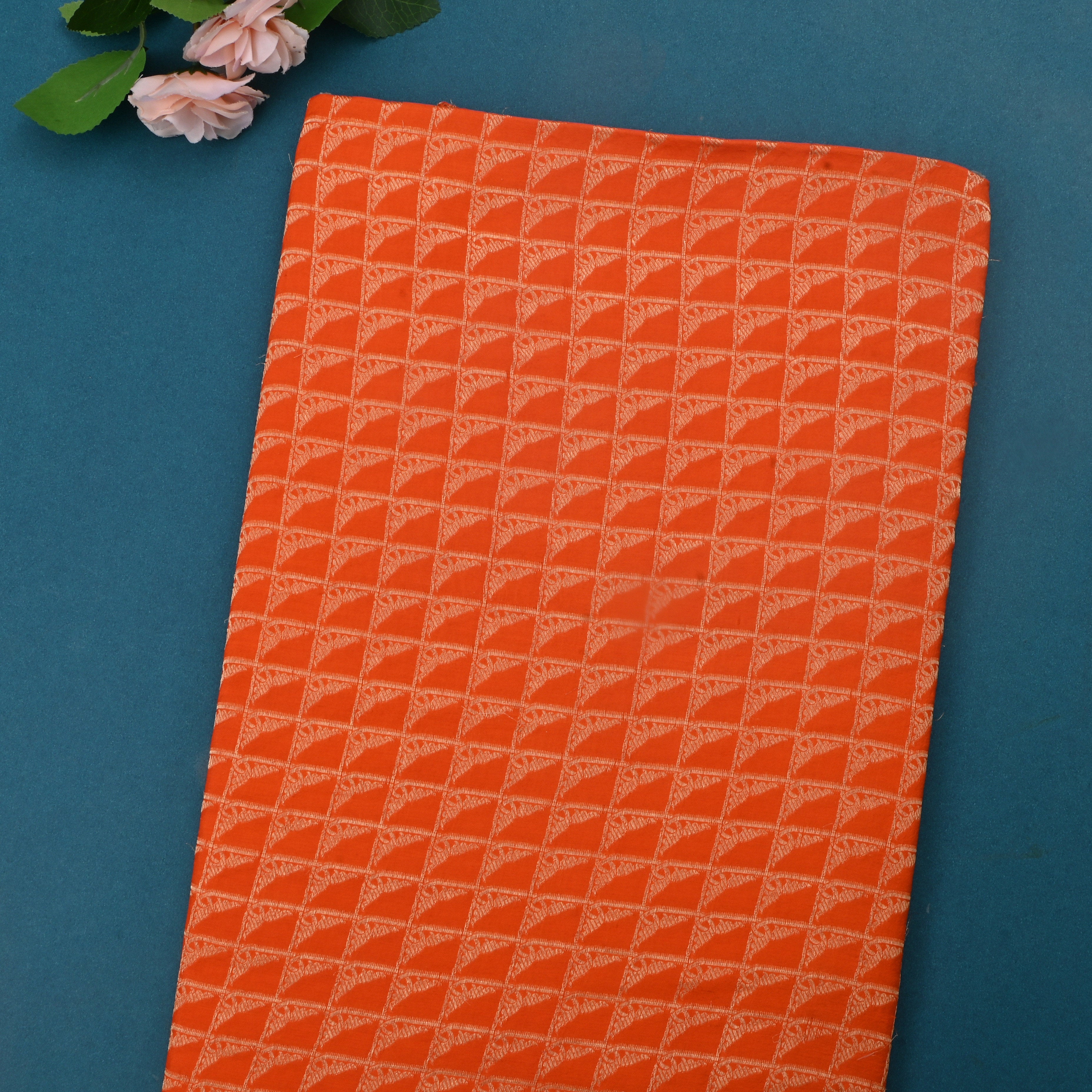 Vibrant Orange Jamawar Silk Fabric With Checks Pattern