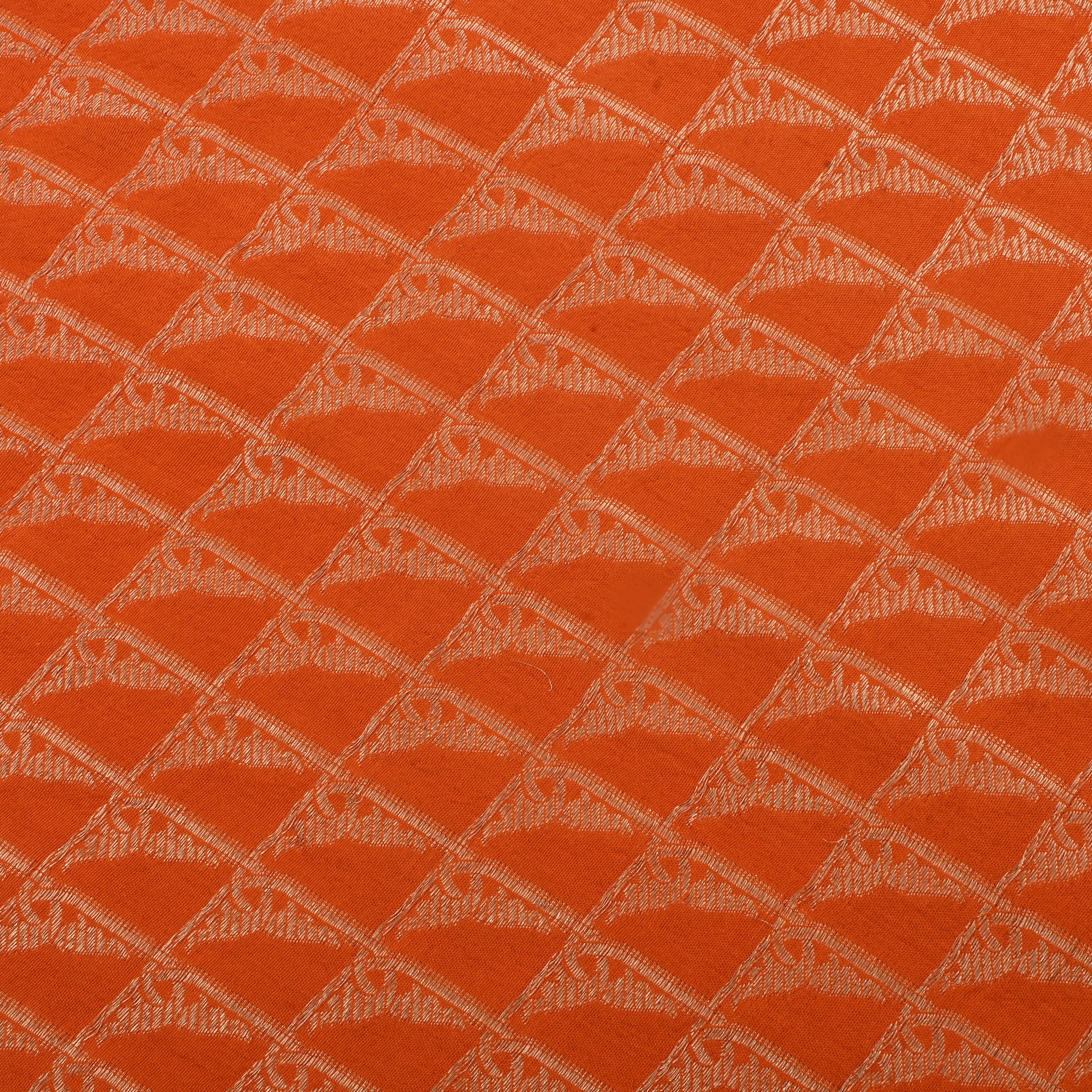 Vibrant Orange Jamawar Silk Fabric With Checks Pattern