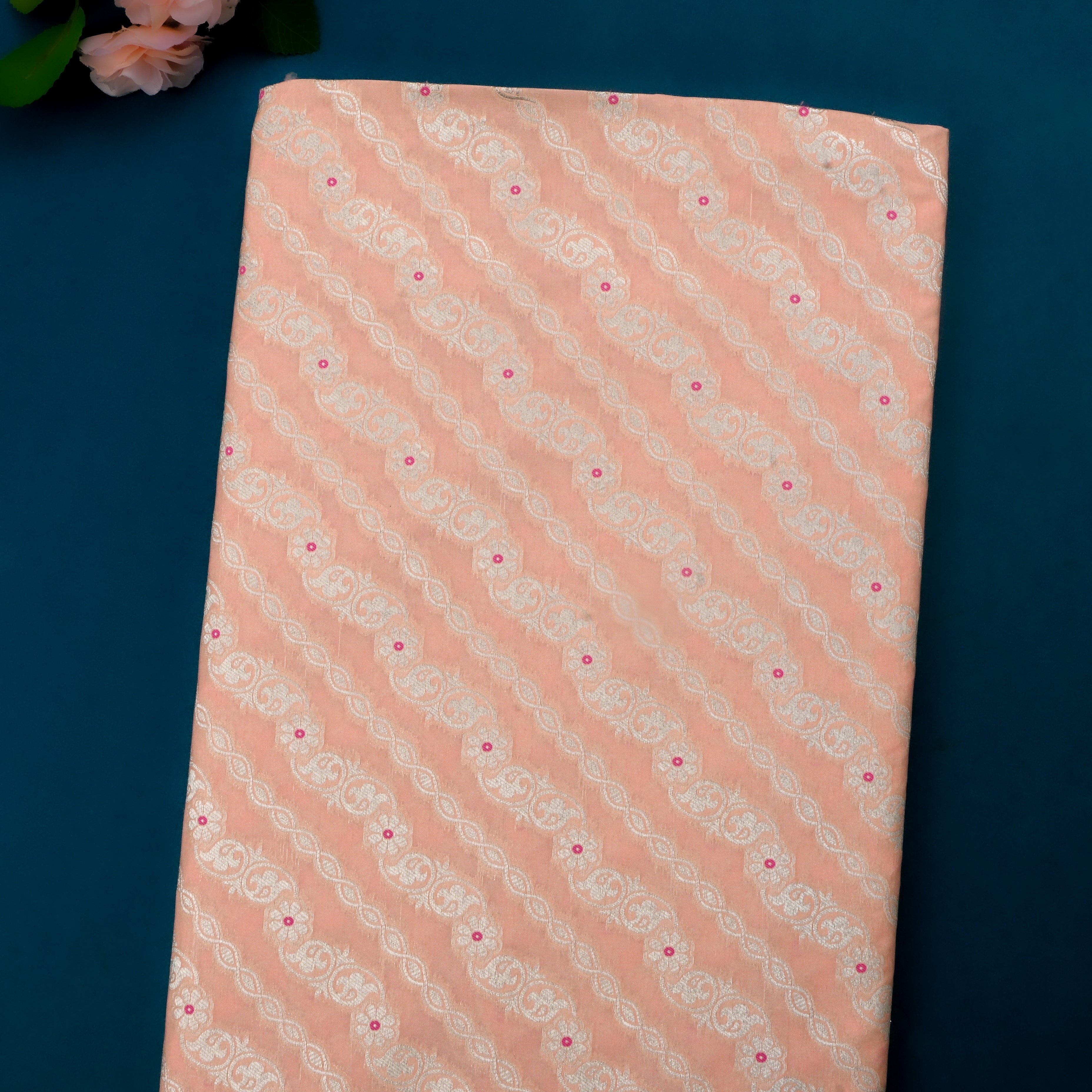 Peach Jamawar Silk Fabric With Leheriya Design