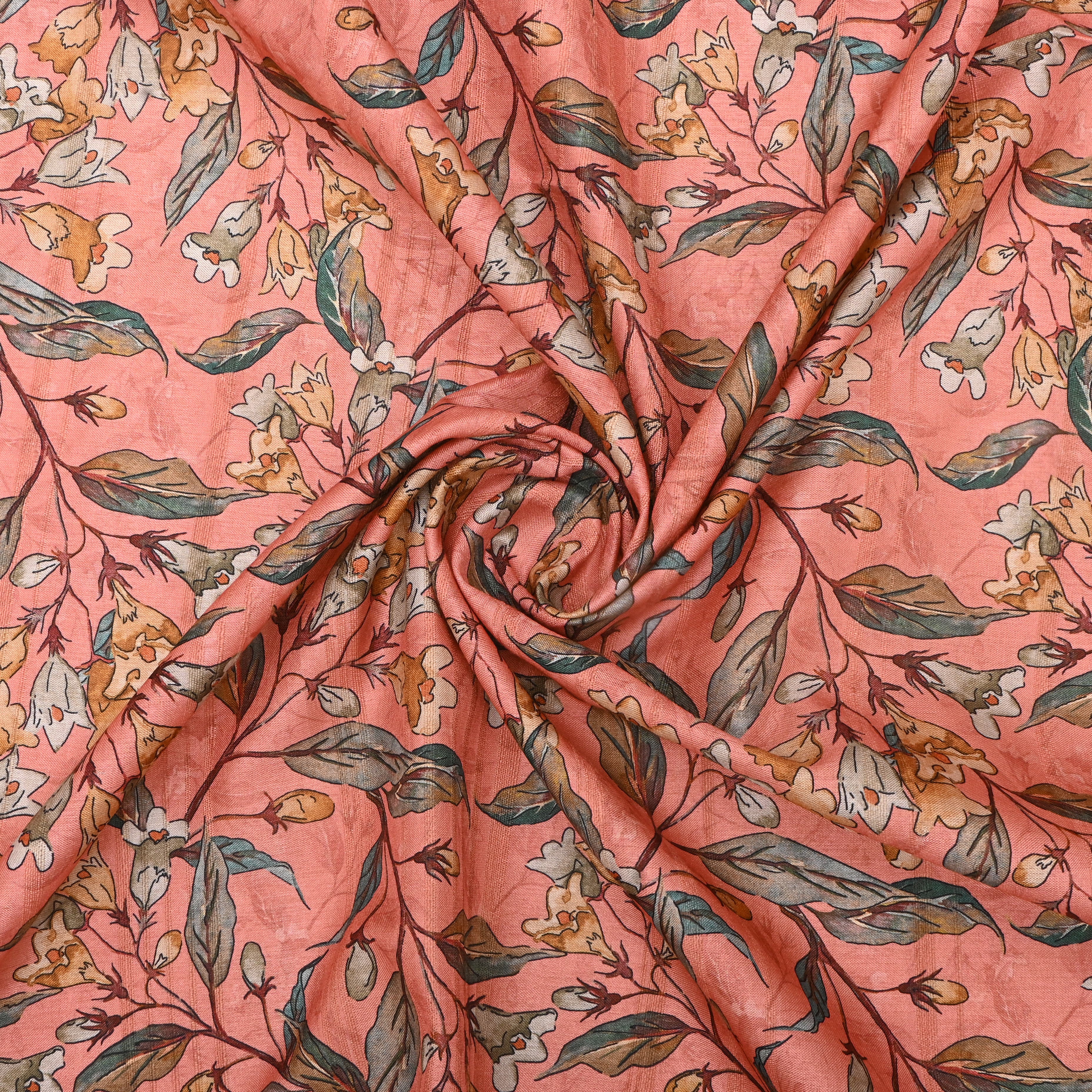 Peach Pink Tussar Fabric With Floral Prints