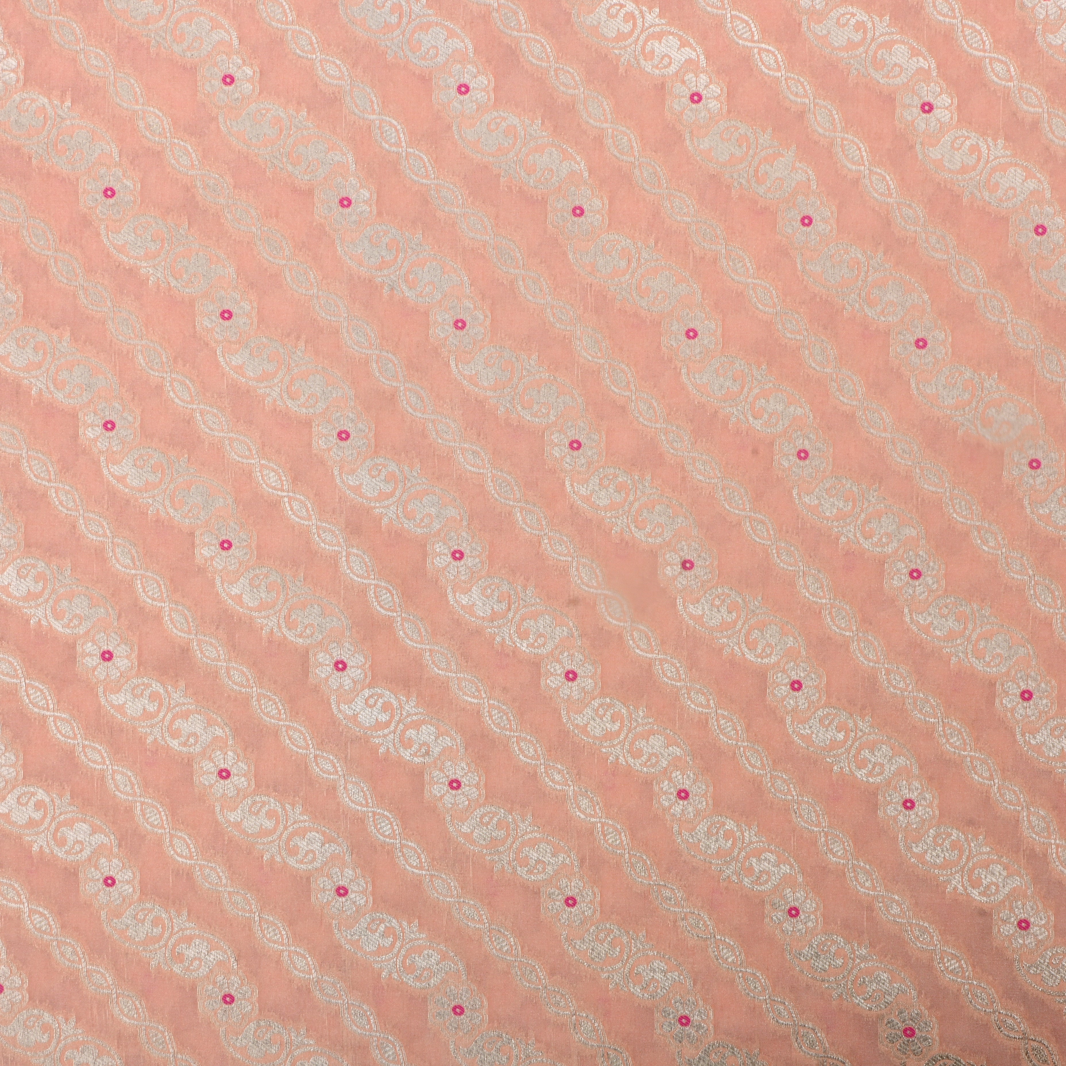 Peach Jamawar Silk Fabric With Leheriya Design