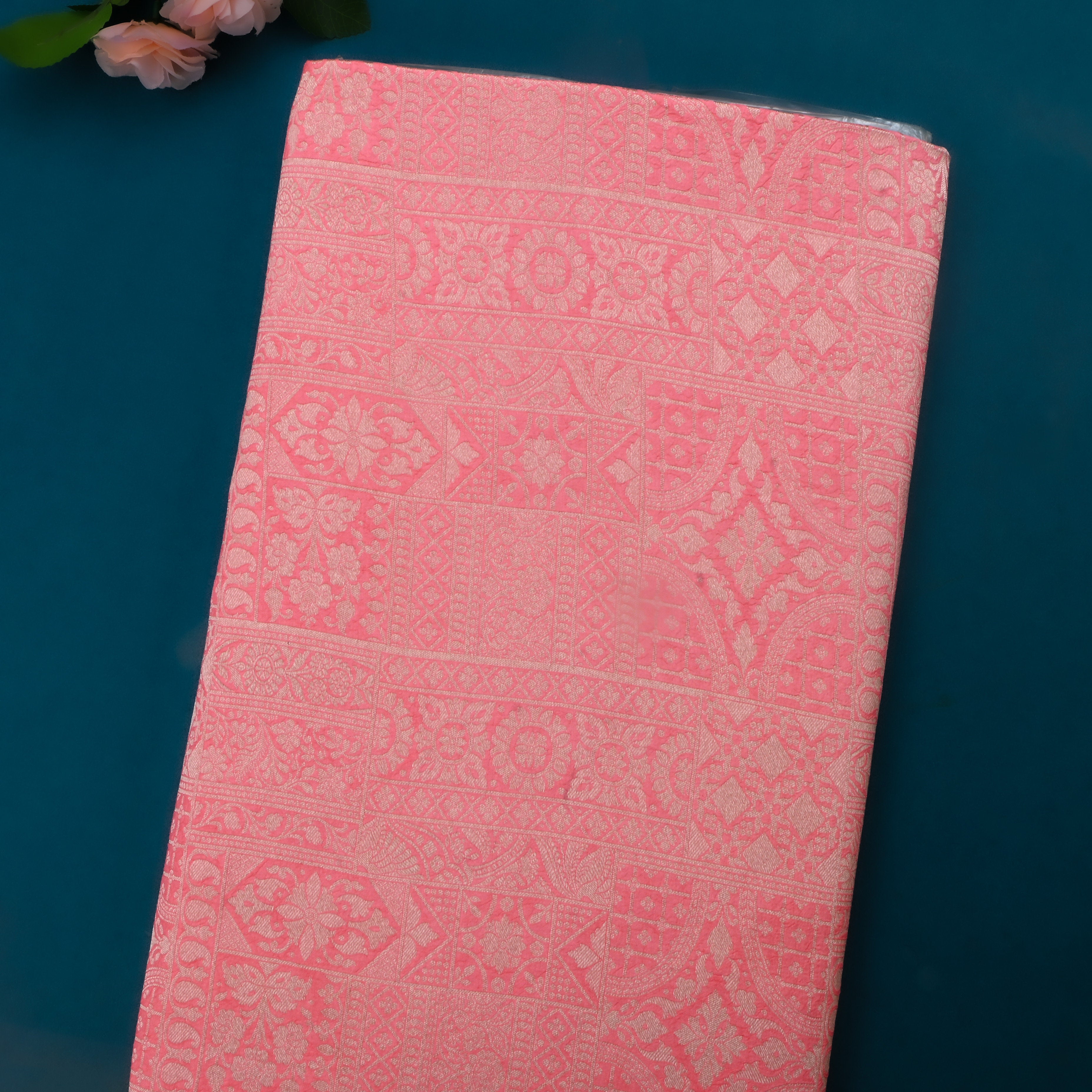 Light Carmine Pink Jamawar Silk Fabric With Woven Design