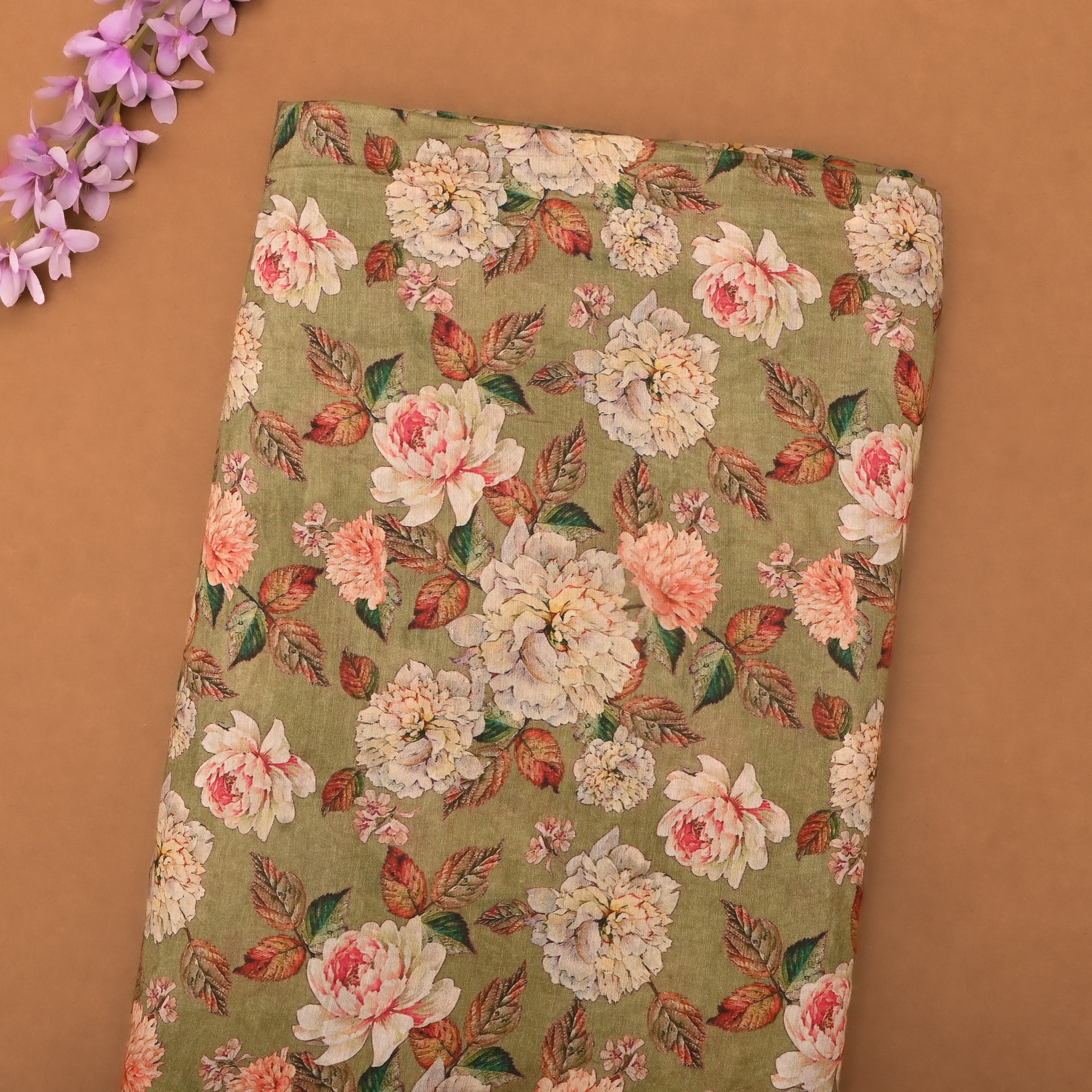 Dried Moss Brown Silk Fabric With Floral Prints