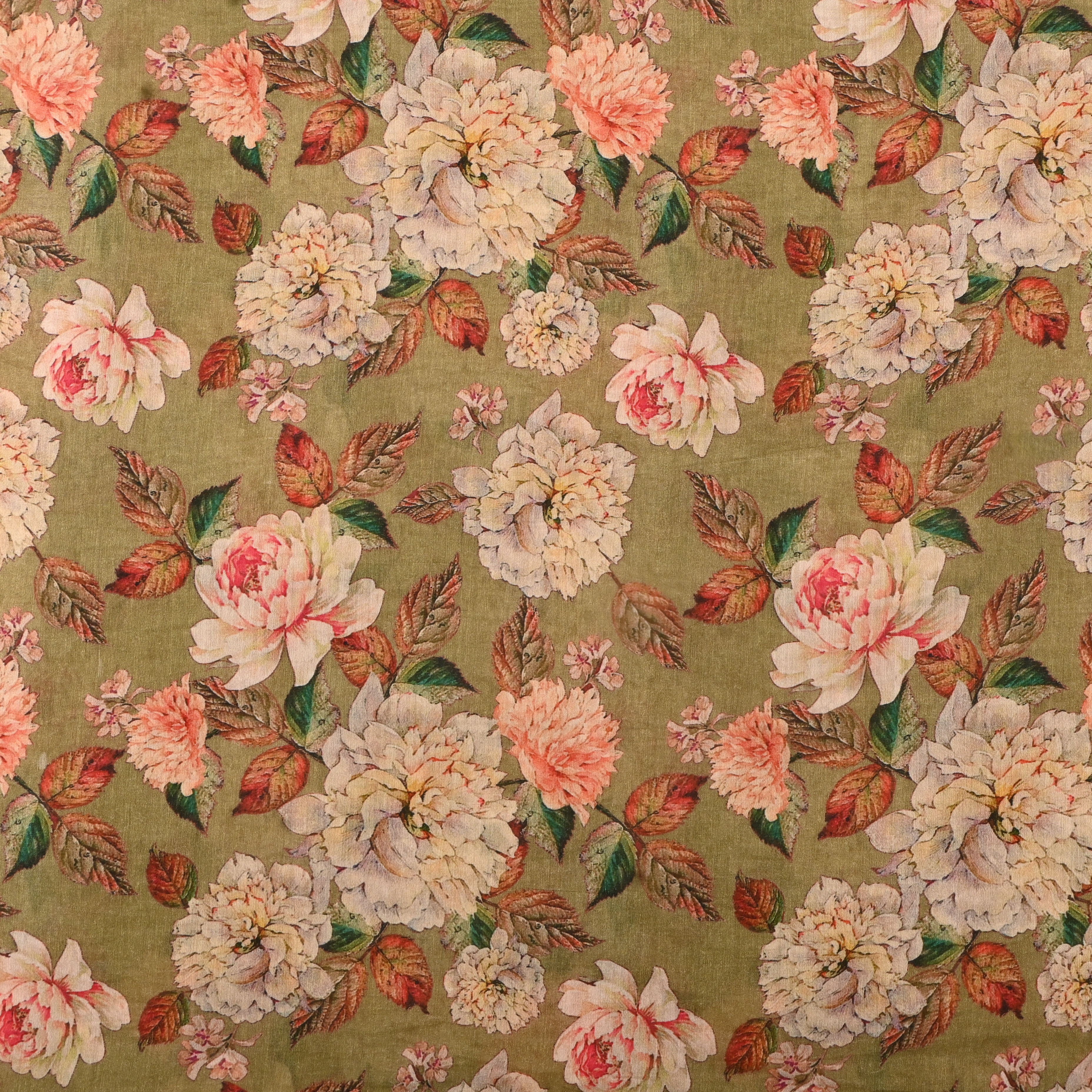 Dried Moss Brown Silk Fabric With Floral Prints