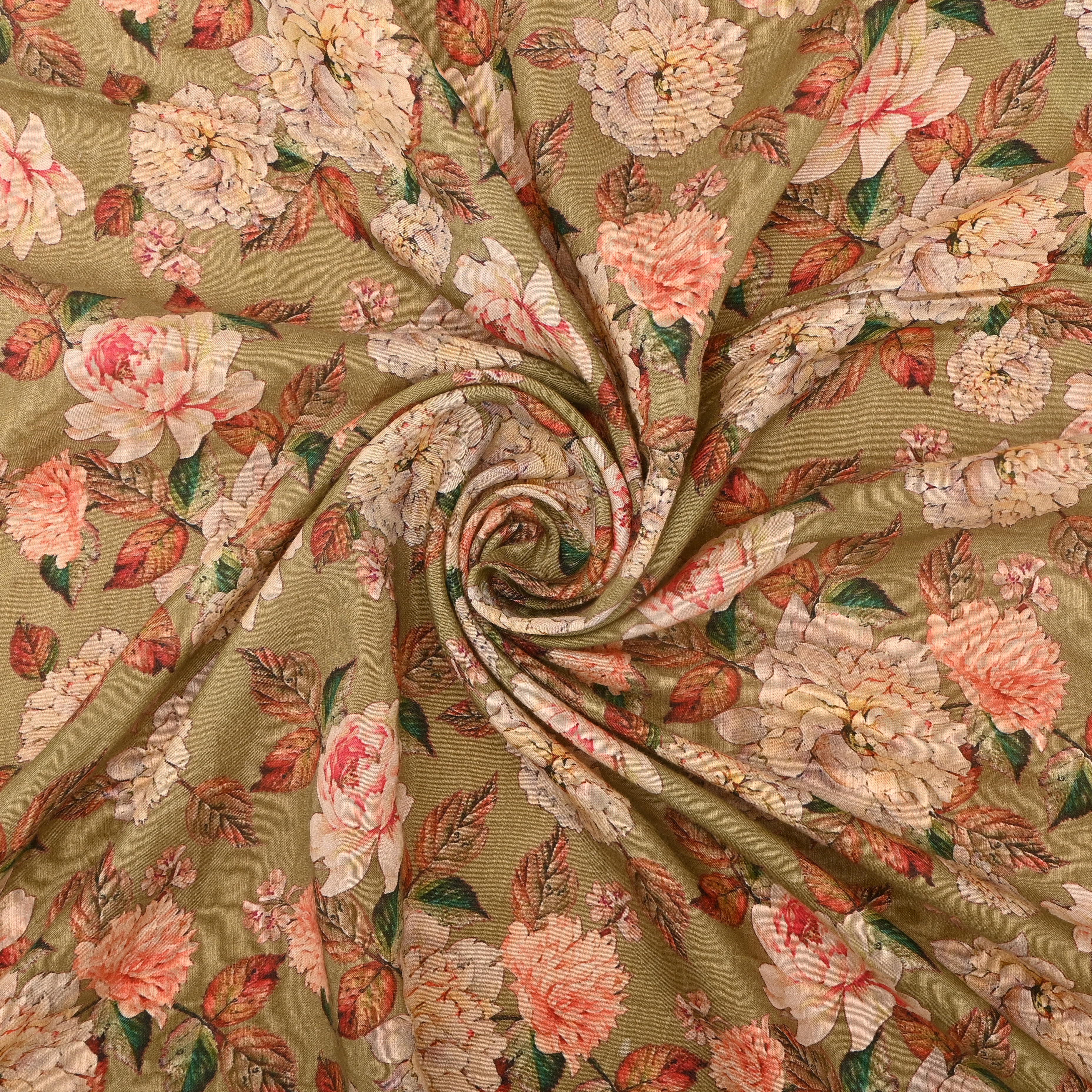 Dried Moss Brown Silk Fabric With Floral Prints
