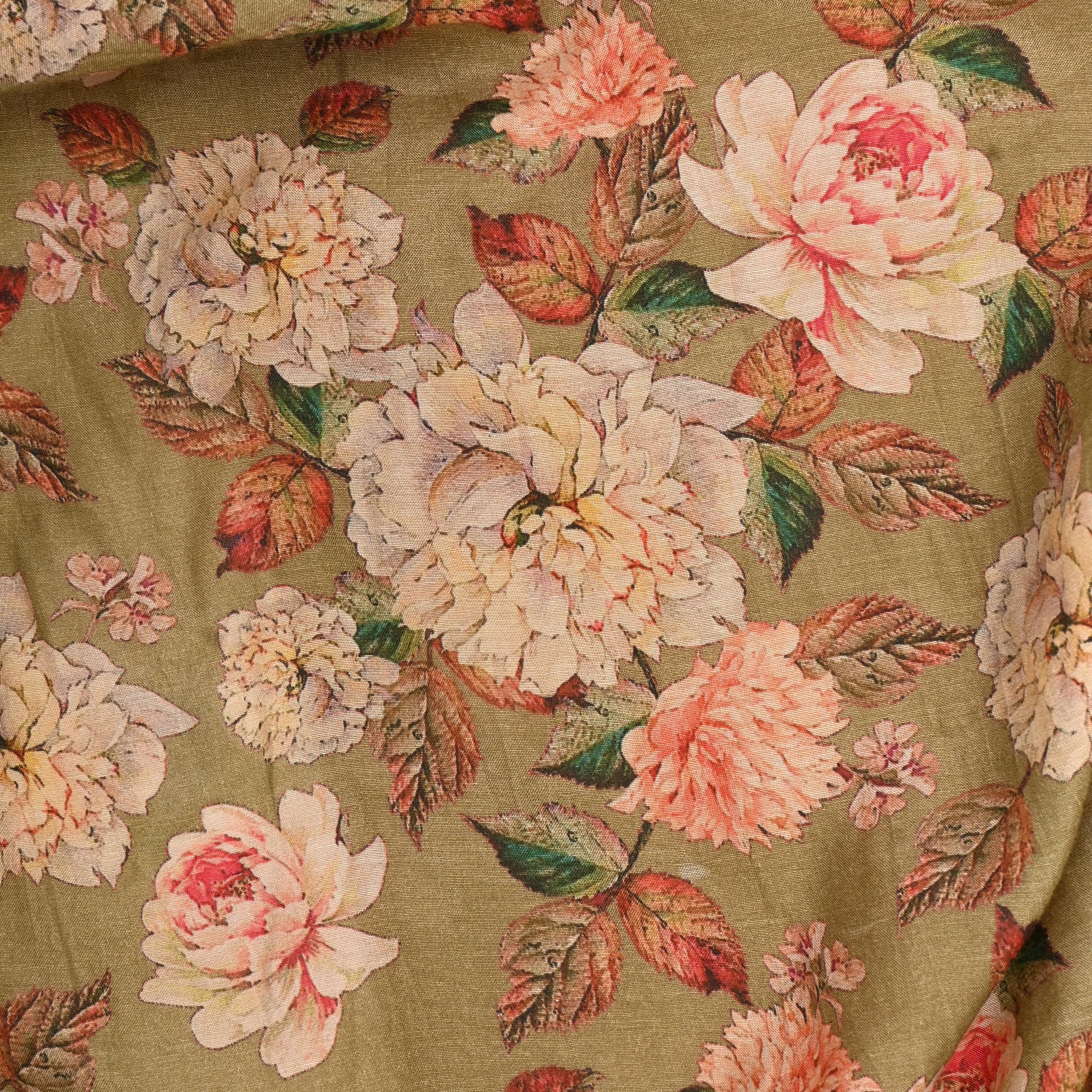 Dried Moss Brown Silk Fabric With Floral Prints